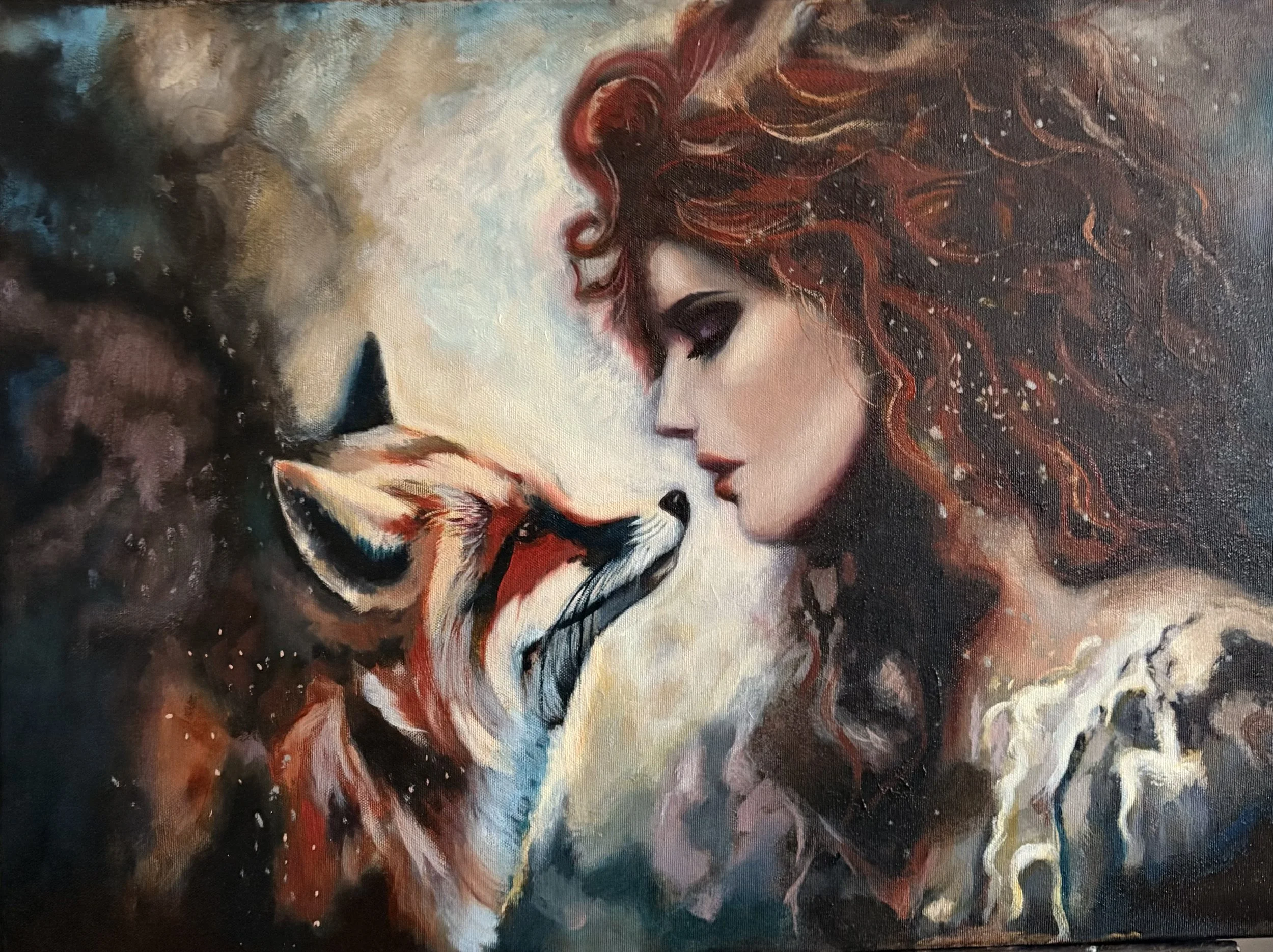  The Eyes of the Messenger  This sacred artwork is in Chapter I and is part of the God’s Rope series -
a spiritual journey connecting humans and animals through divine golden threads. A woman and a fox sit in recognition, not forced, just still.