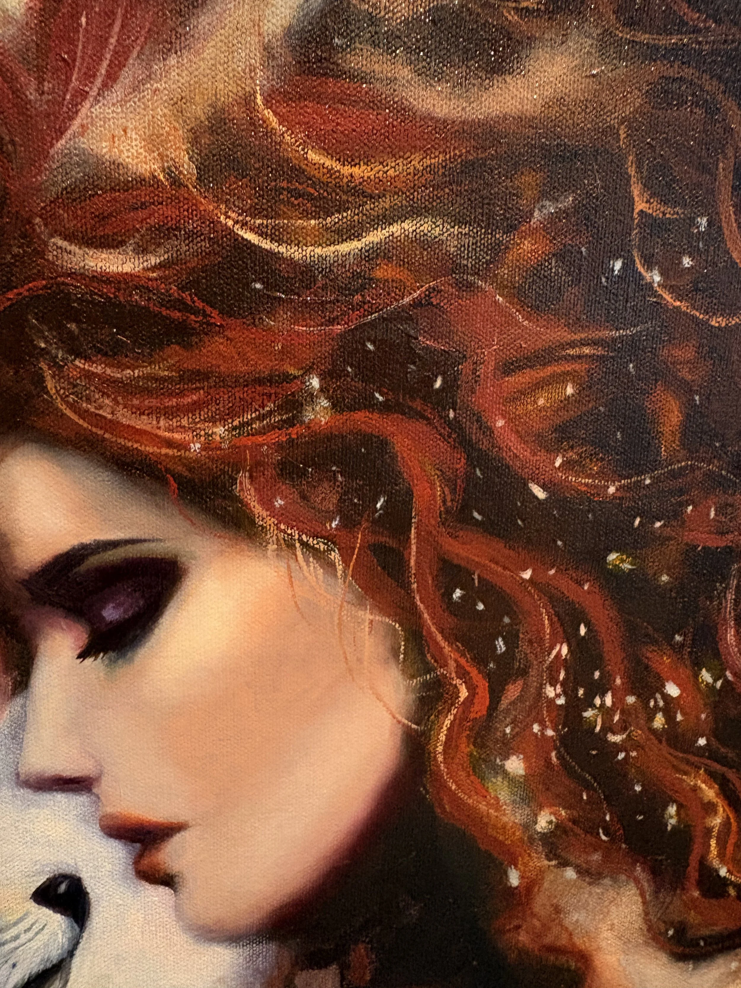Close up of the red-haired woman's hair in a spiritual light