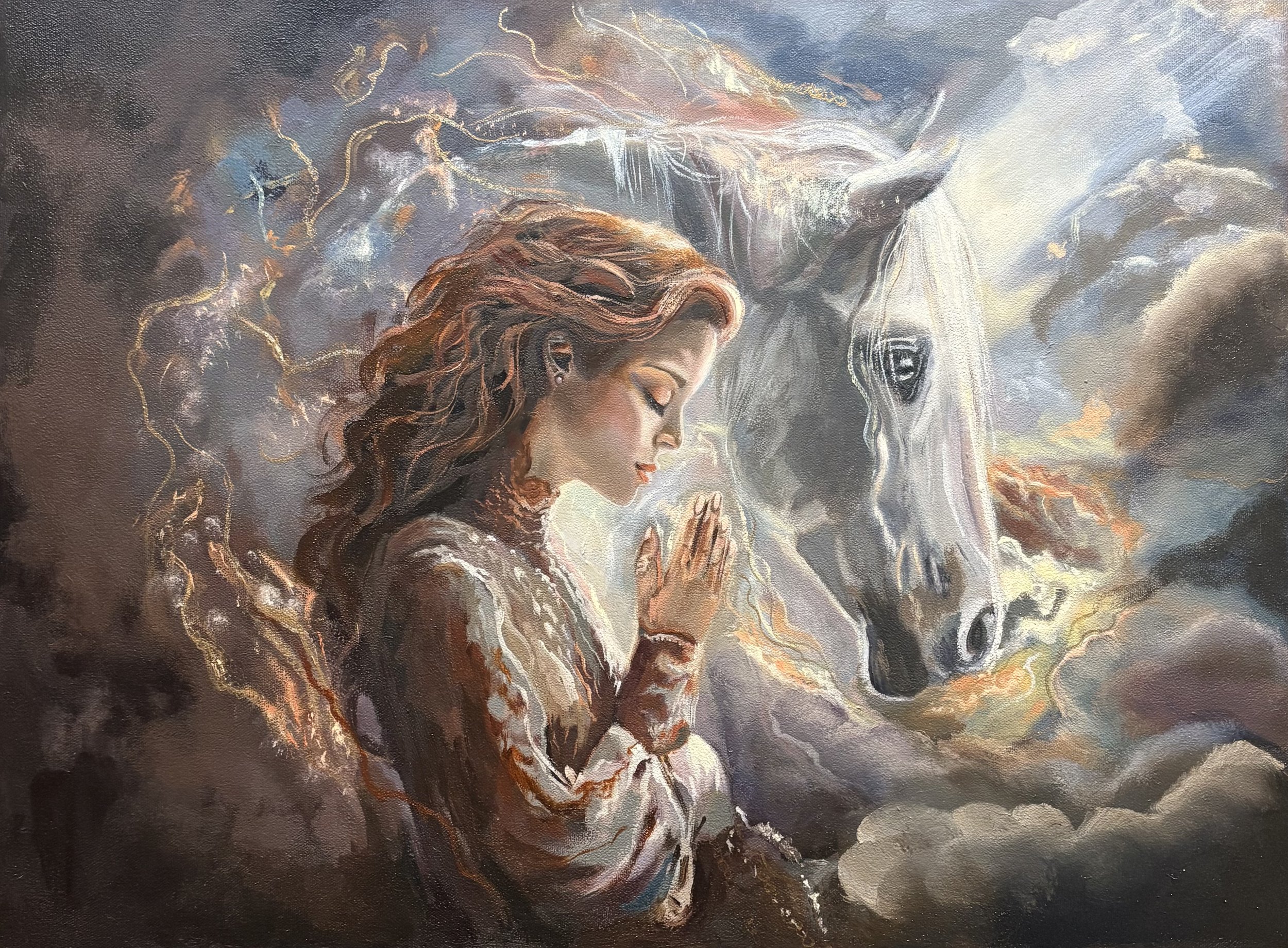  The First Ascent  This sacred artwork marks the beginning of the God’s Rope series -
a spiritual journey connecting humans and animals through divine golden threads. A woman and a white horse meet in reverence, where heaven gently touches earth.