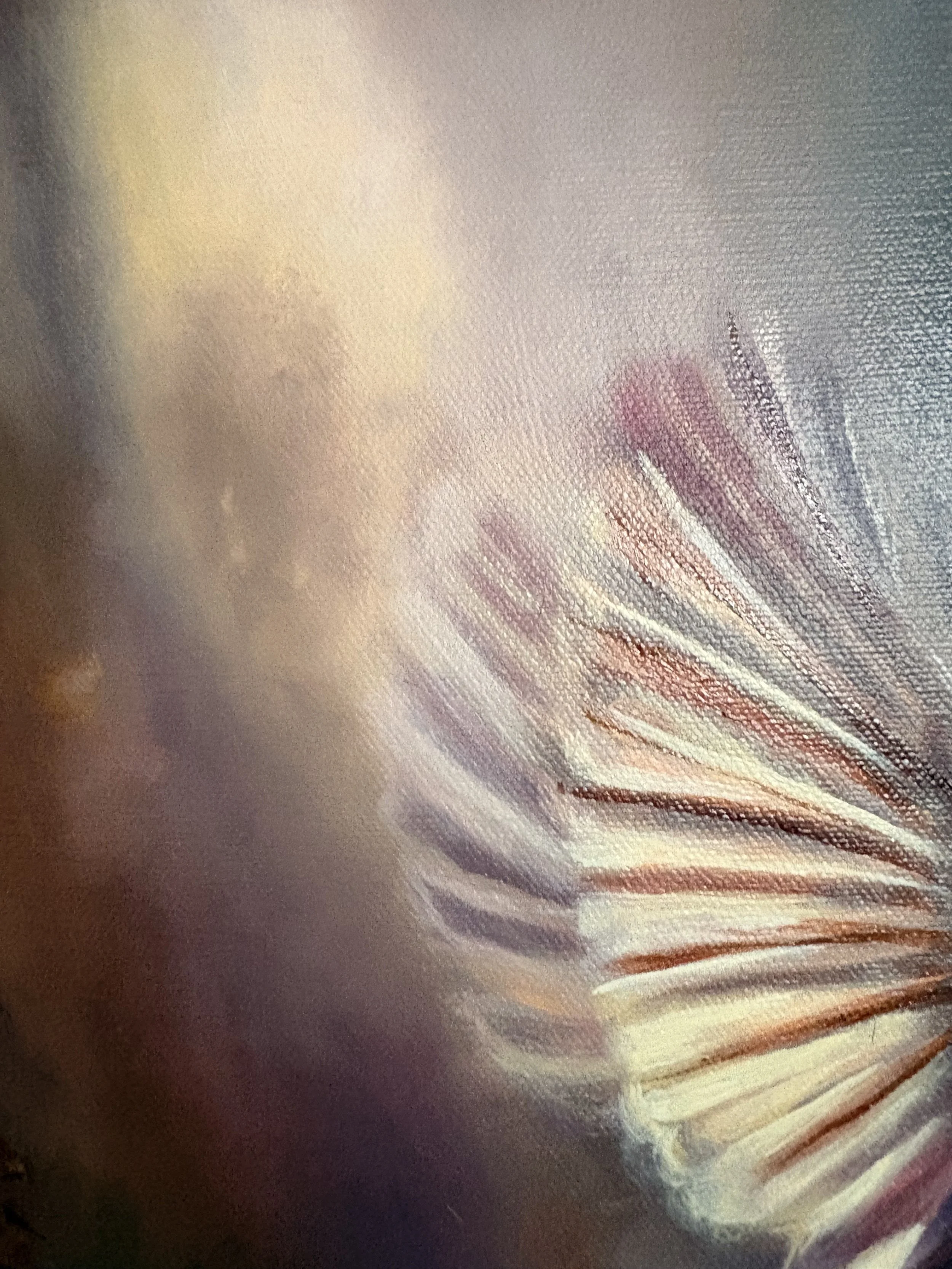 Close-up of an ethereal light on a birds wing featuring a colourful, abstract background with shades of purple, pink, white, and brown.