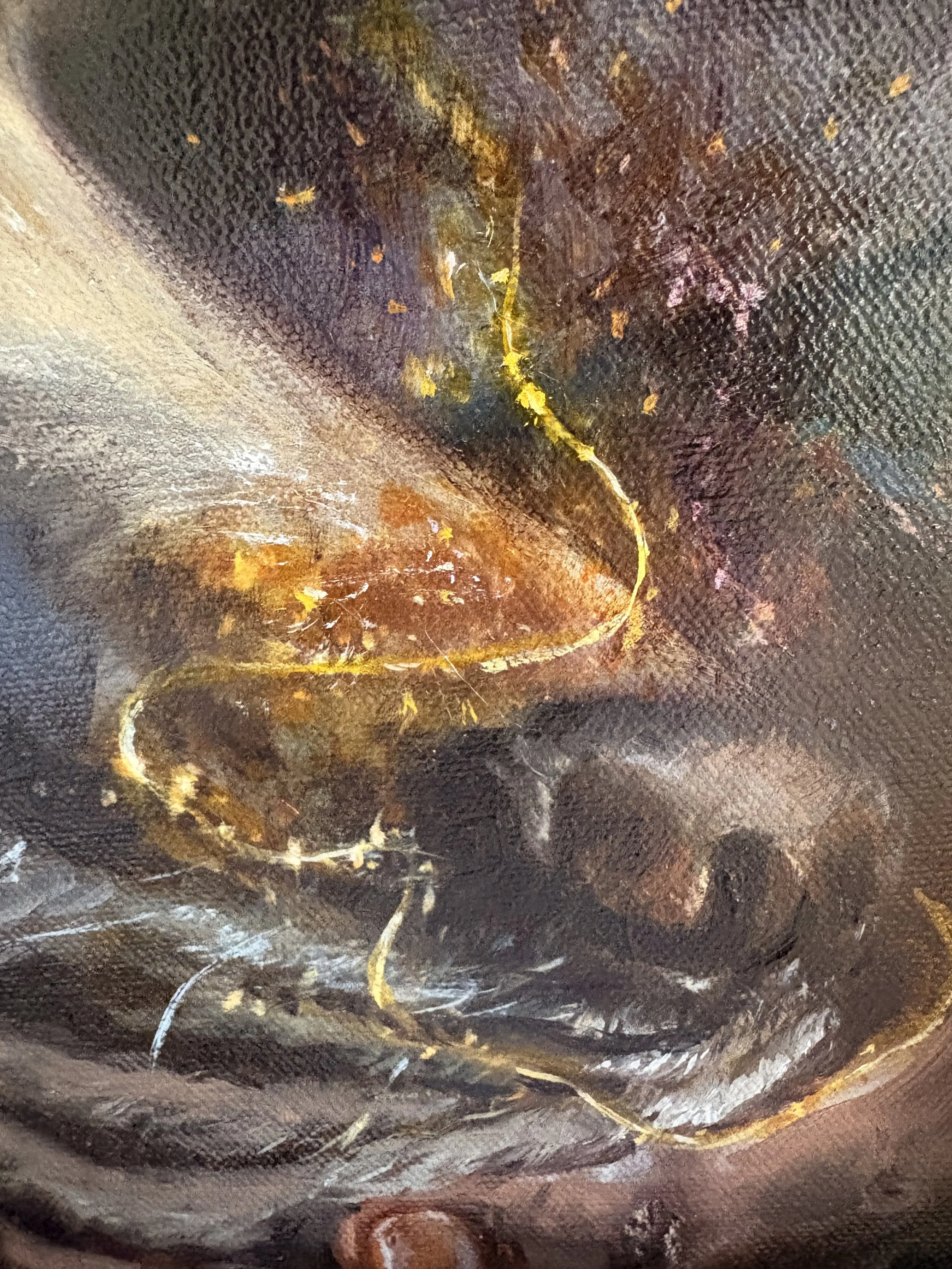 detail and closeup of an oil painting showing golden threads