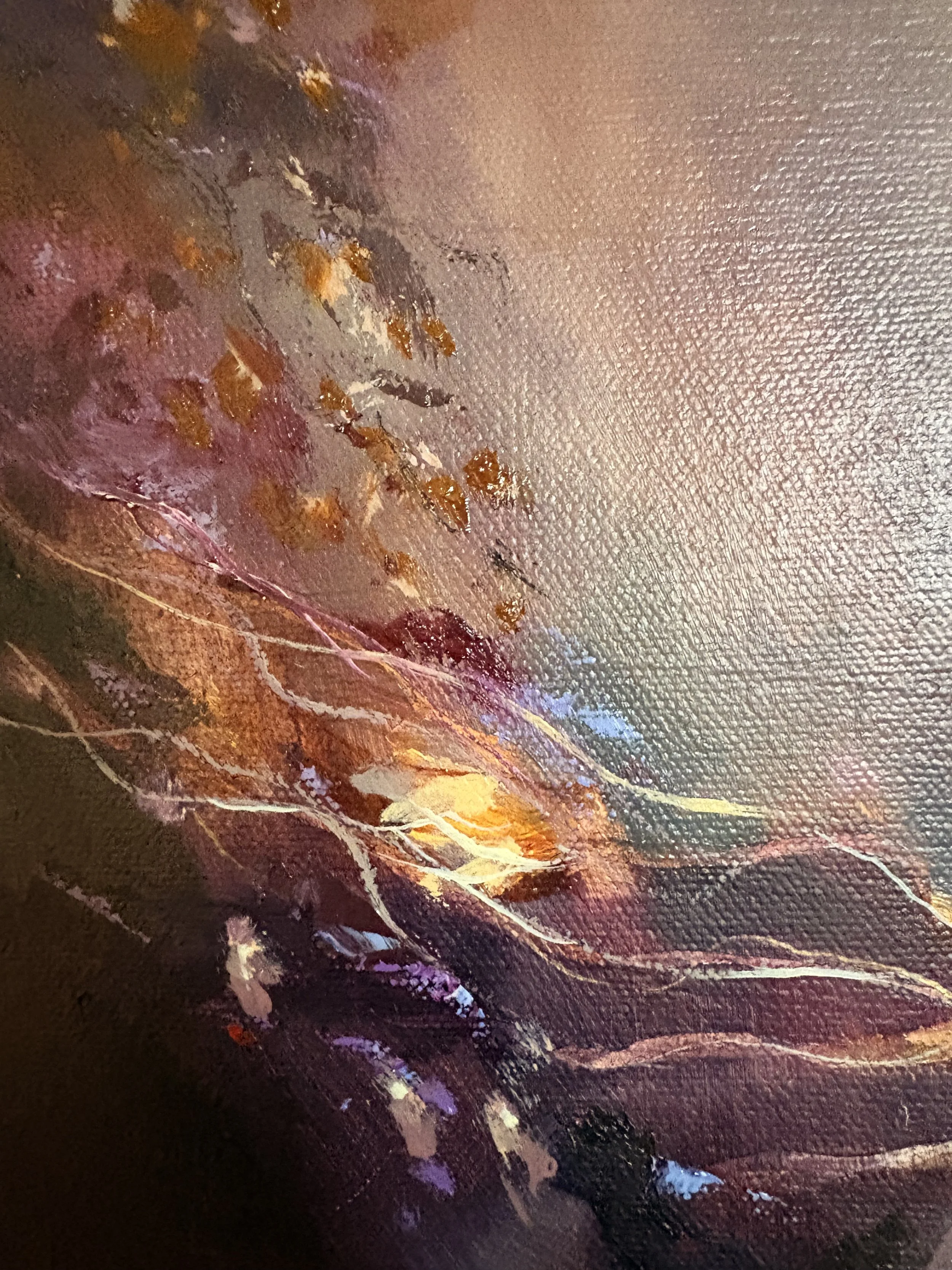 Abstract detail from the painting called The Smallest Yes, with darker tones, streaks of purple, orange, yellow, and white, textured surface.