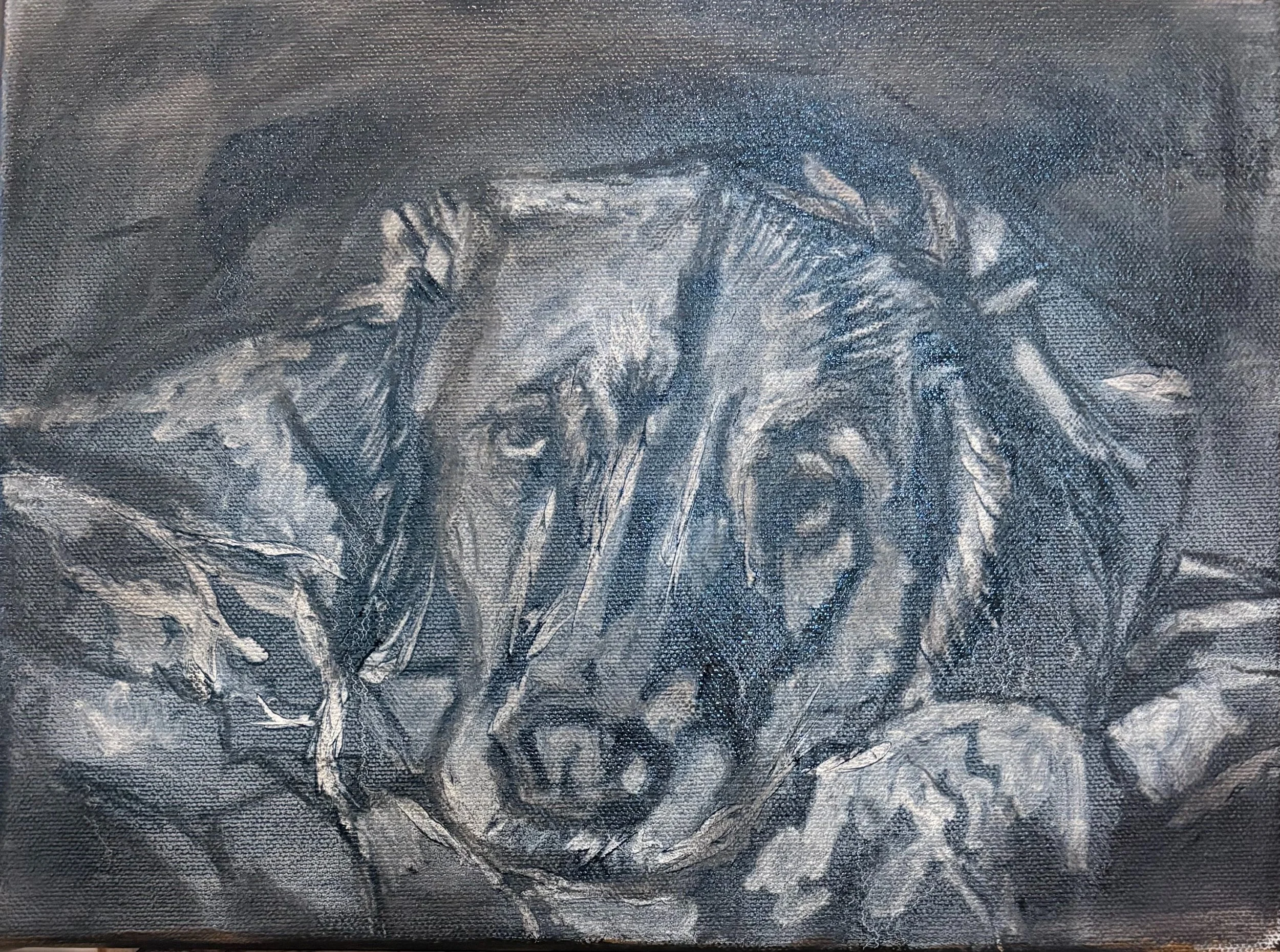 A monochrome painting of a dog, lying down with its head resting on a surface, facing forward.