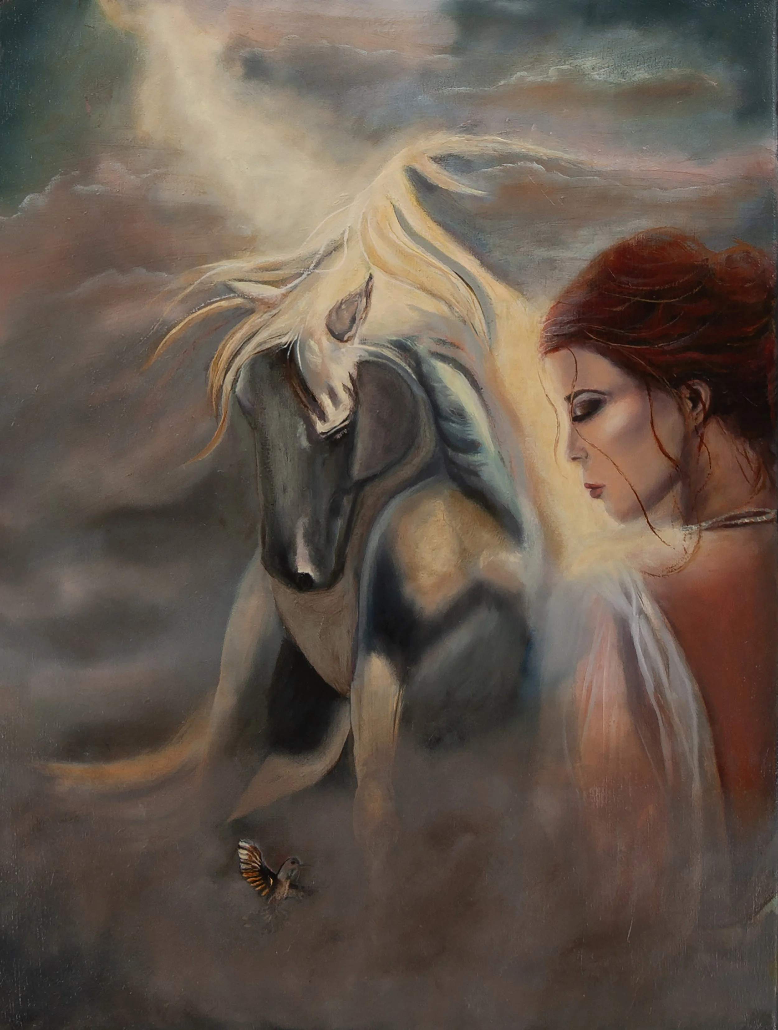 Original oil painting showing a white horse and red haired woman sharing a quiet moment in soft golden light and mist, symbolising spiritual connection and stillness.