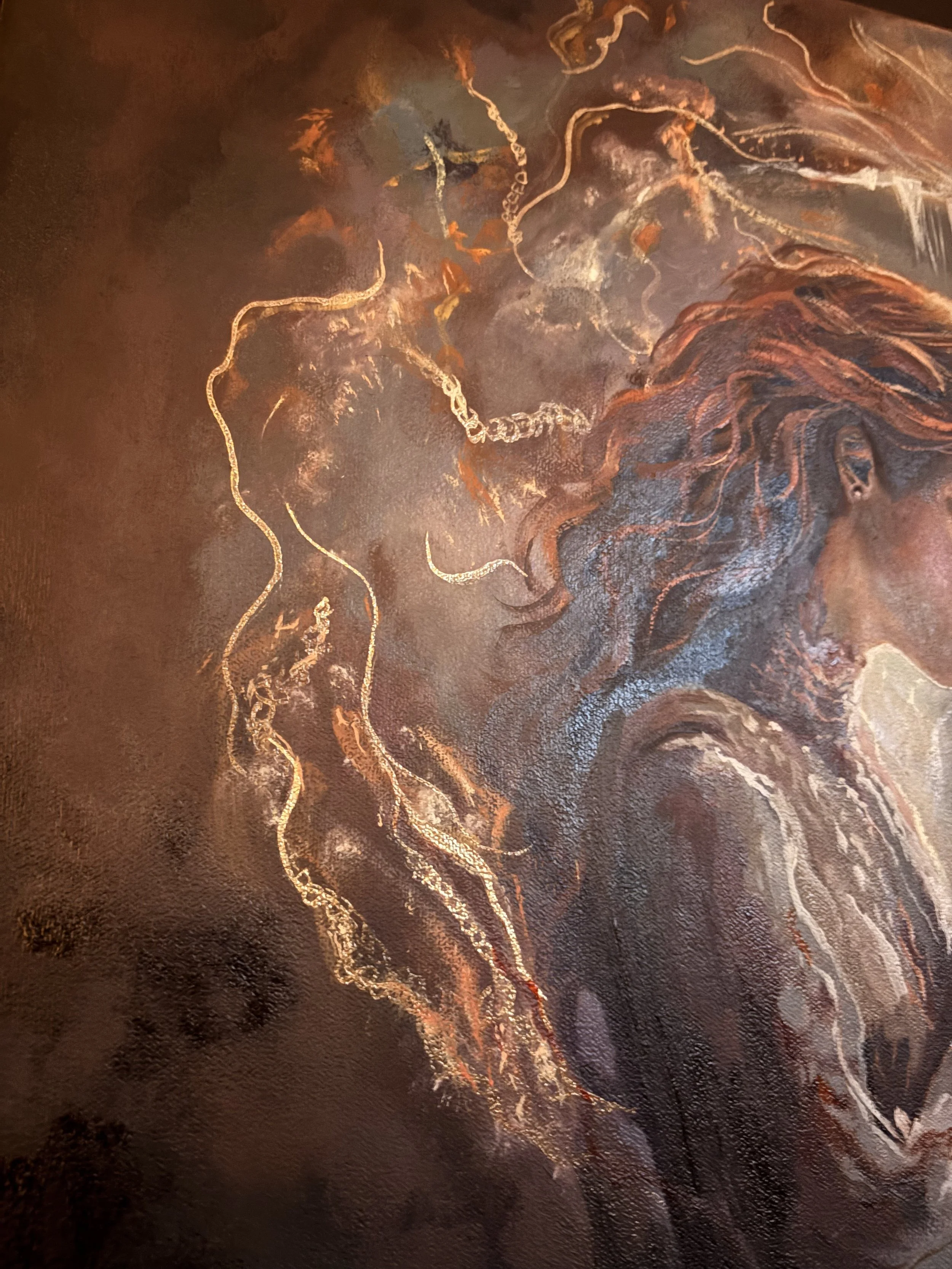 golden thread symbolism detail from the painting The First Ascent by UK artist Debbie Moylan