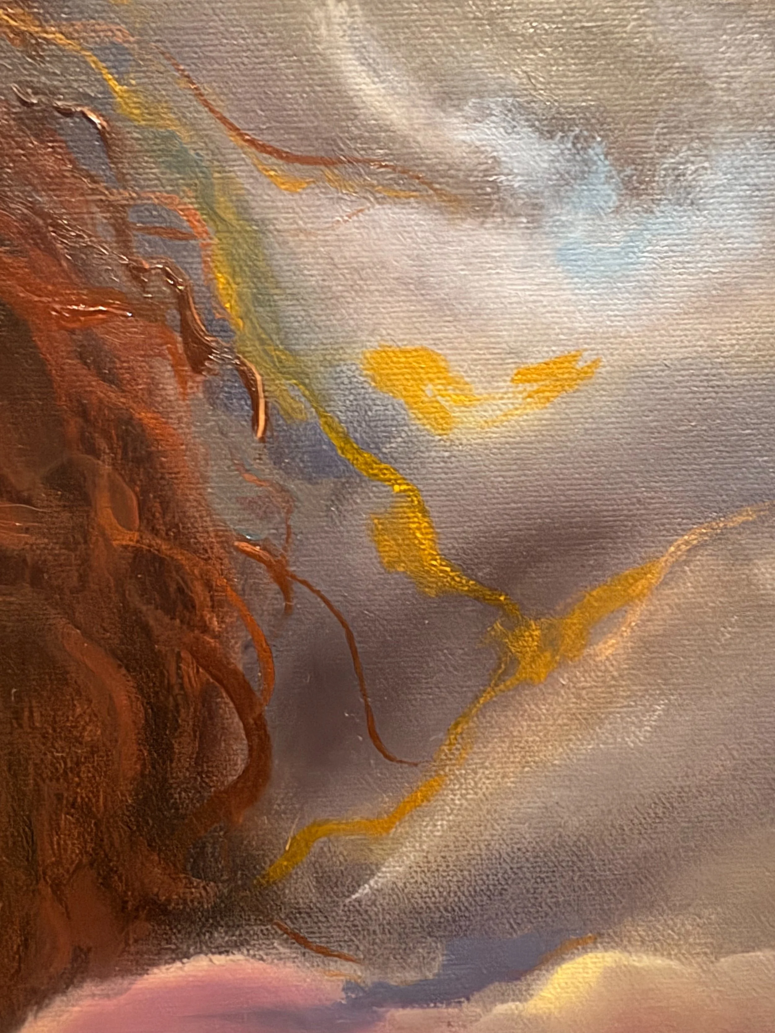 Oil painting of golden threads and soft clouds in purple and grey tones creating an atmospheric spiritual setting