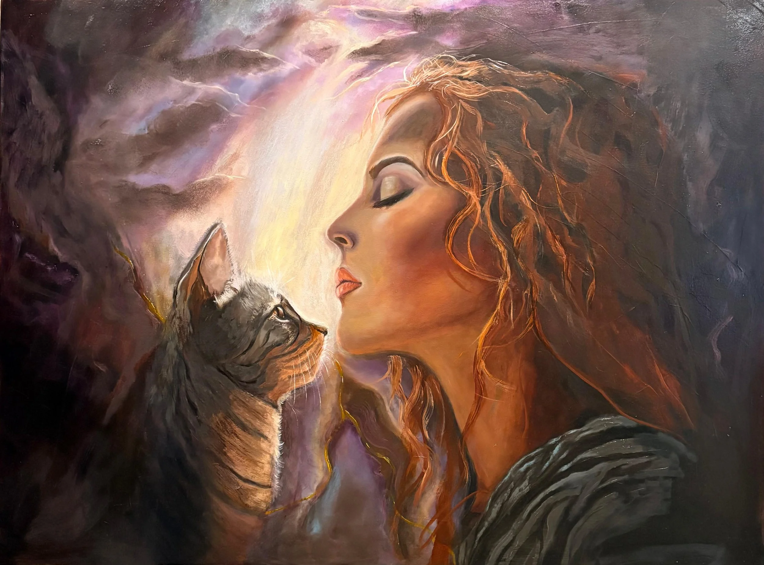 The Softest Recognition, original oil painting of a woman and rescue cat by Debbie Moylan.