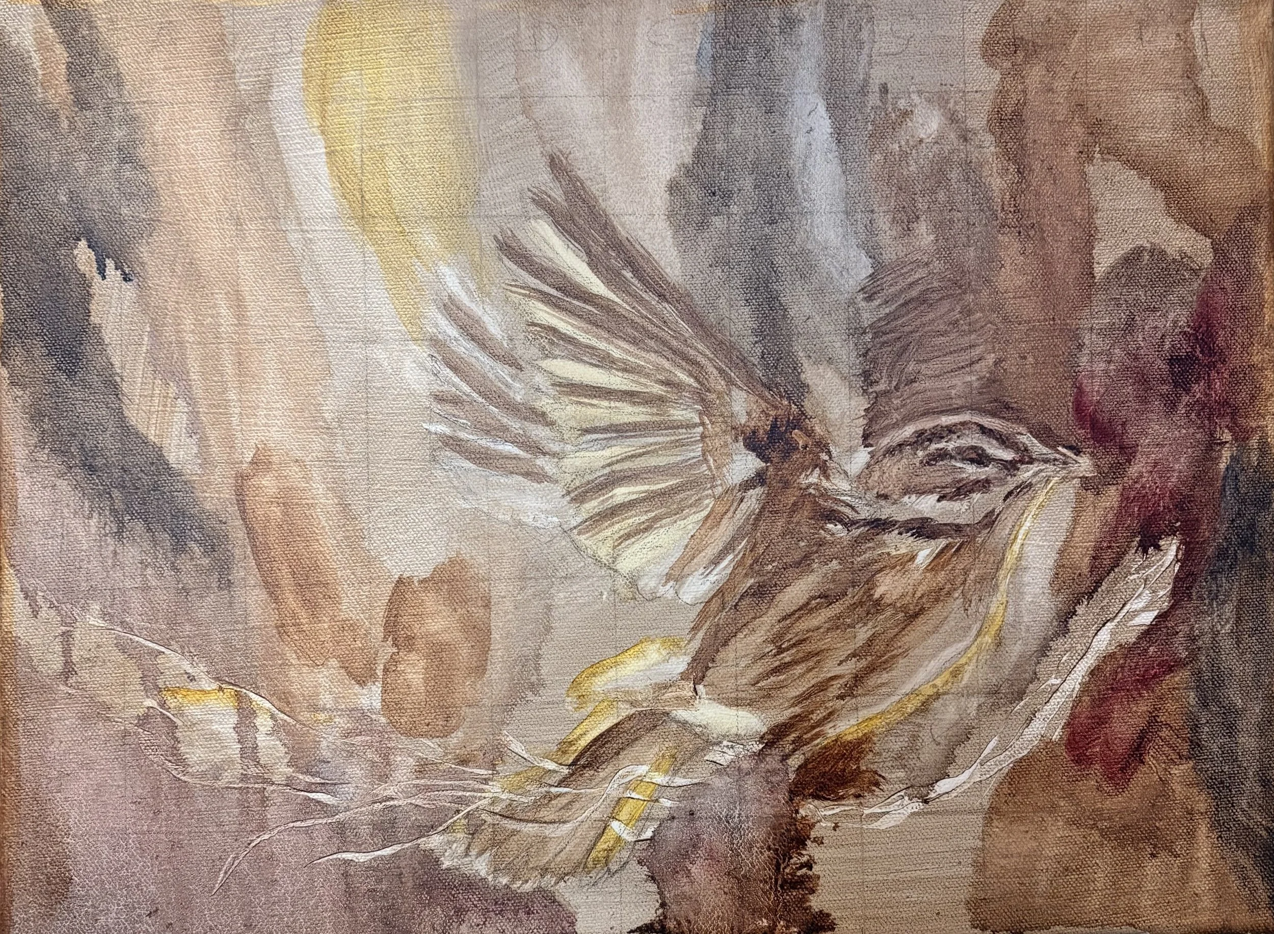 Oil painting of a bird perched on a branch, with wings slightly spread and surrounded by abstract earthy tones.