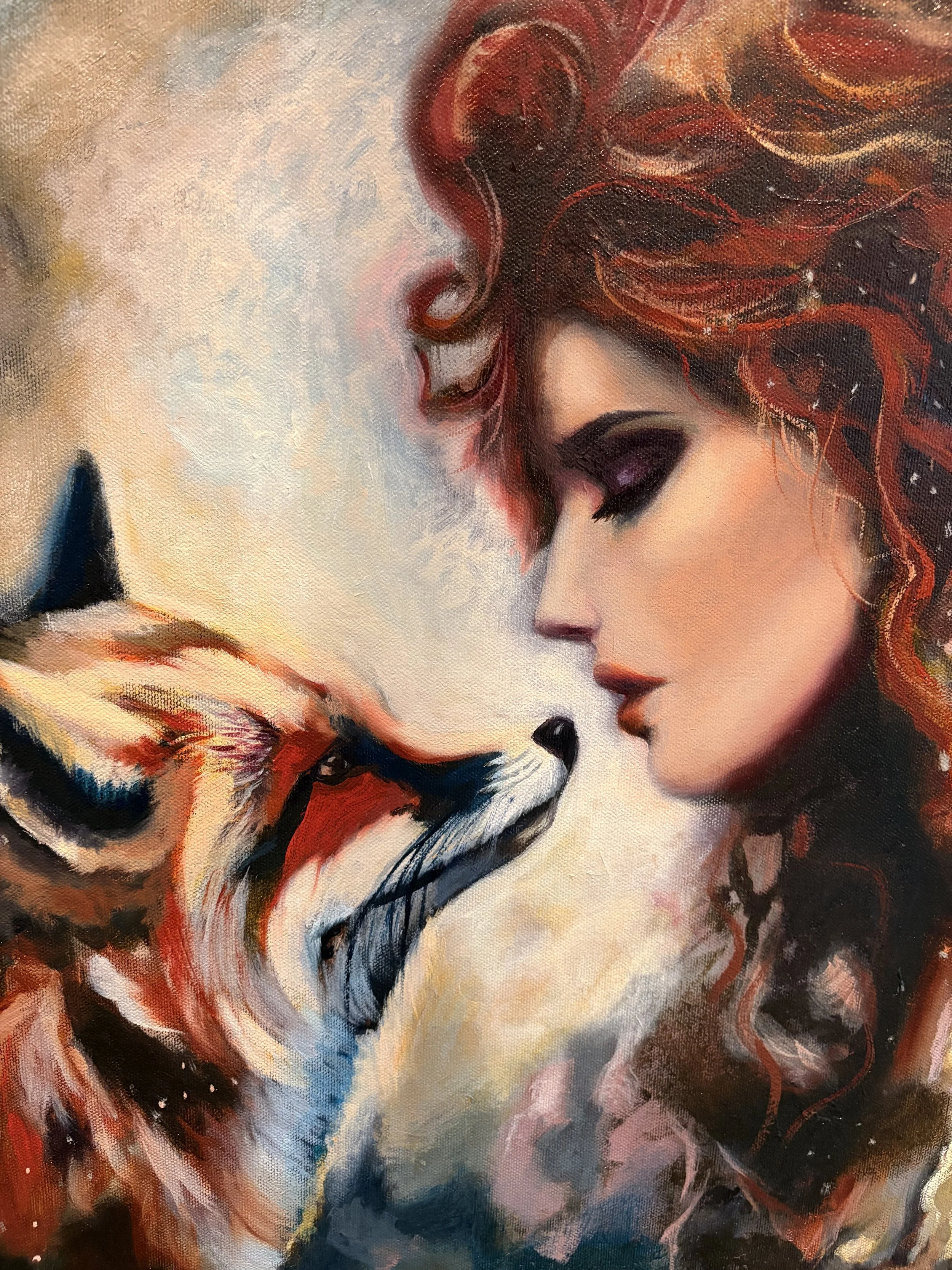 Close detail of a fox’s and woman's gaze in a spiritual oil painting suggesting presence and recognition