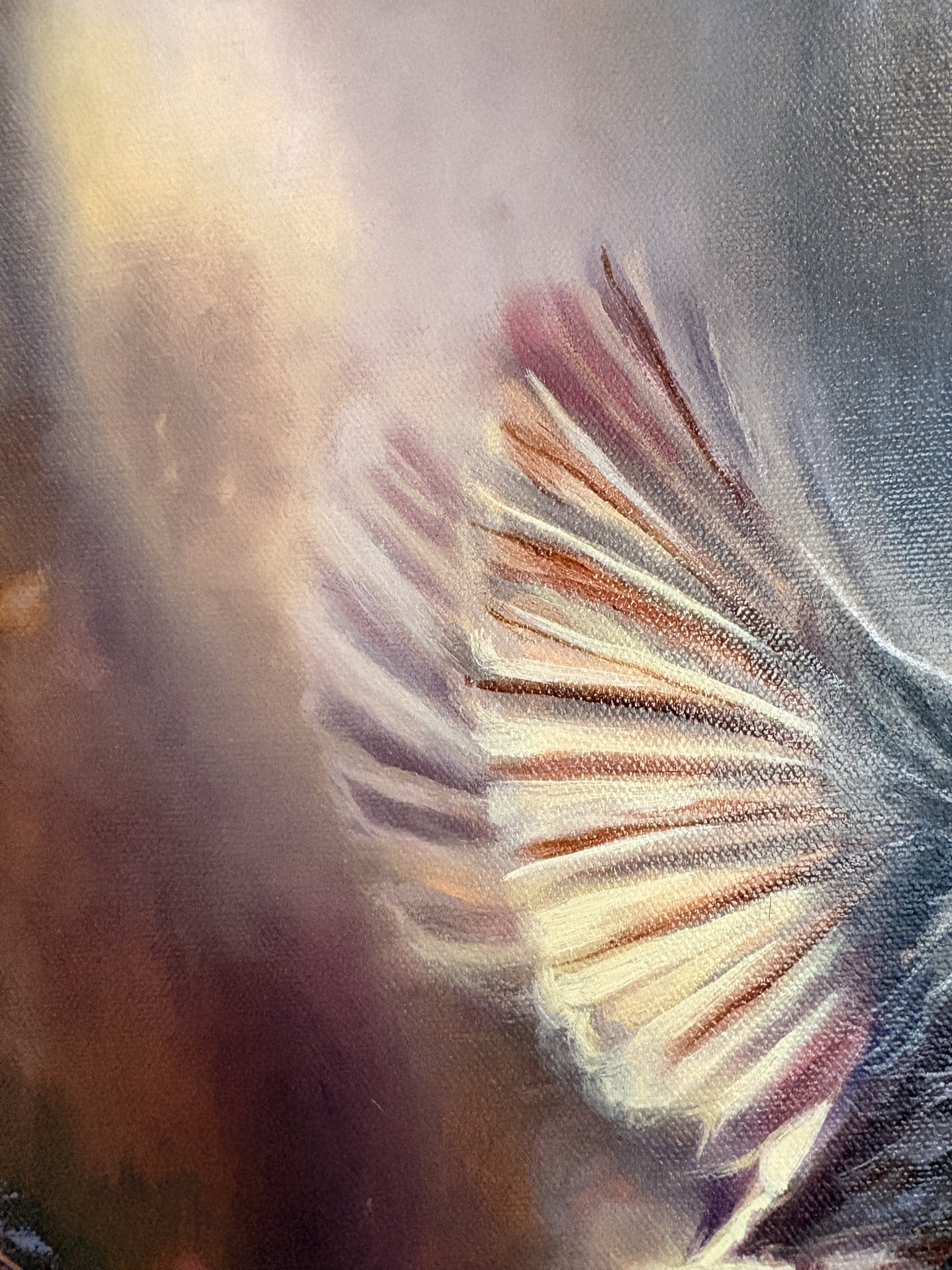 Detail of luminous wings in spiritual bird oil painting