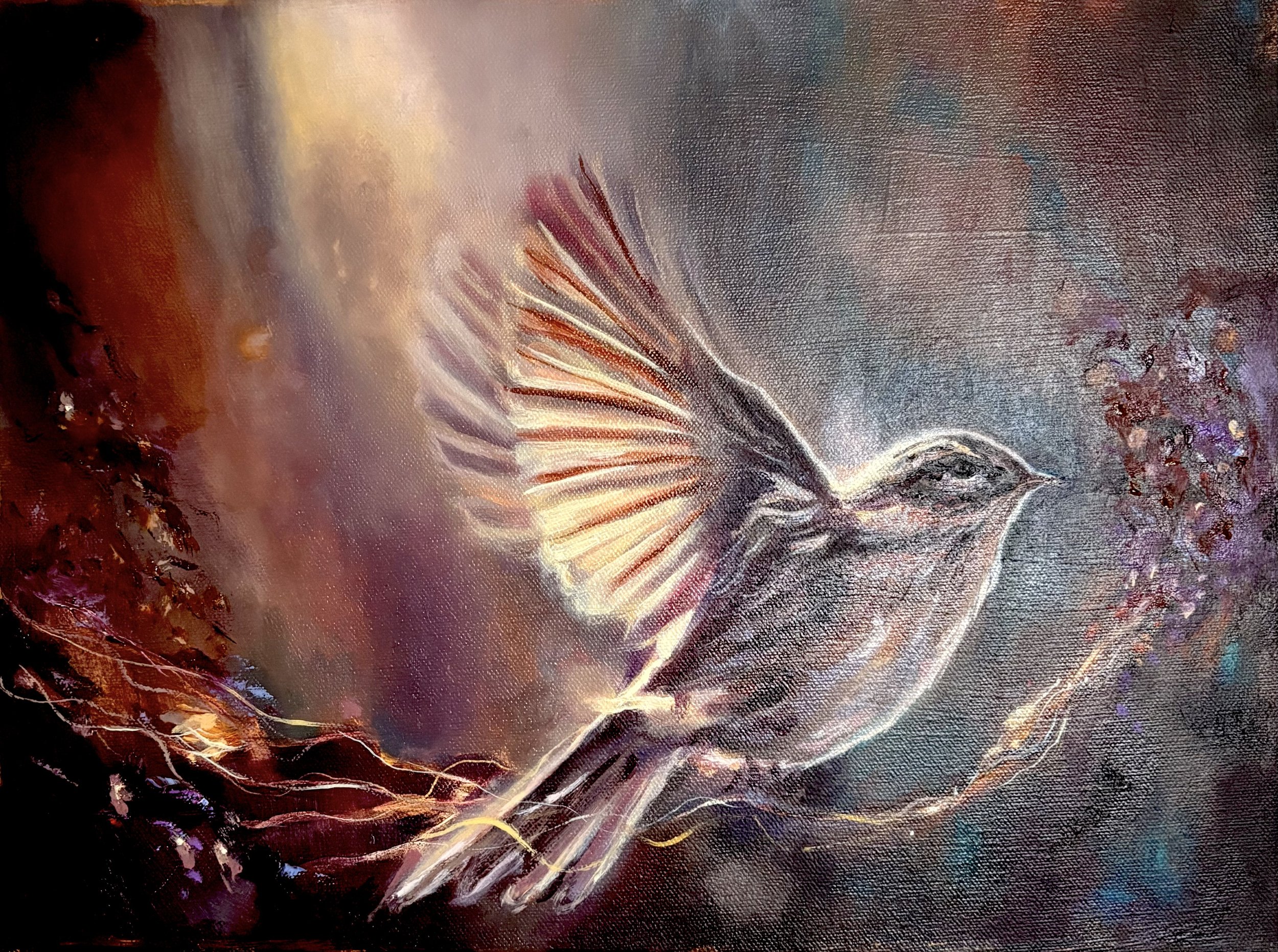 A colourful painting called The Smallest Yes, of a bird flying next to a blooming flowers, with a vibrant background of warm and cool tones. an ethereal glowing light shines down and through the birds wing.