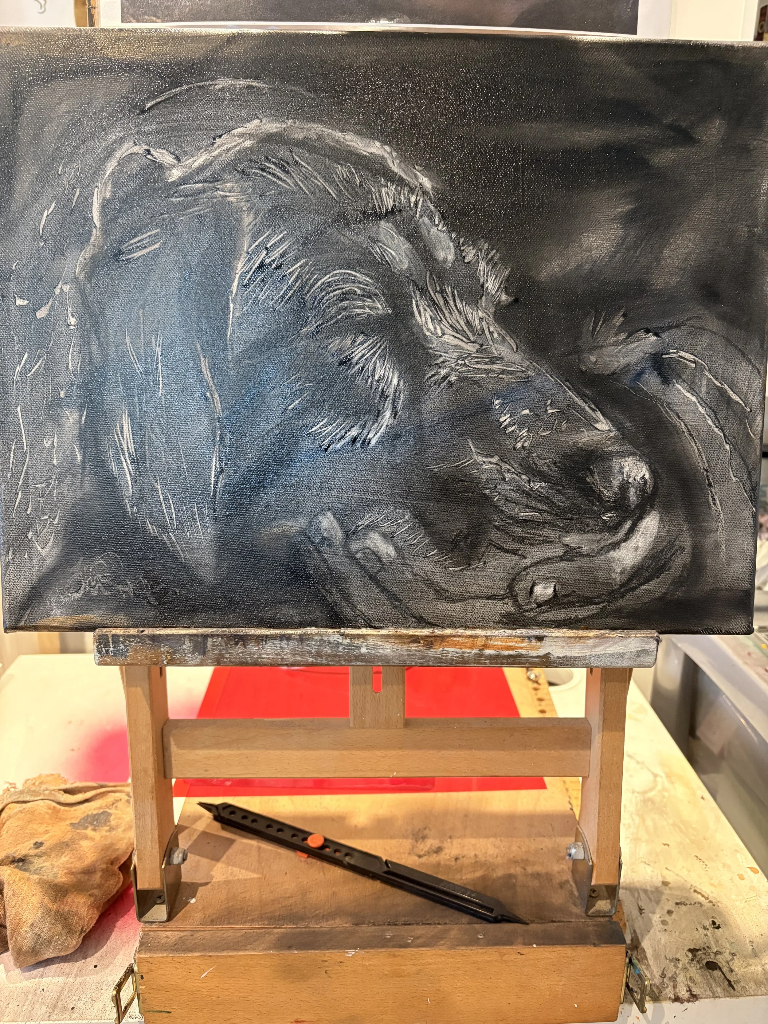 work in progress oil painting dog and human connection Before Words