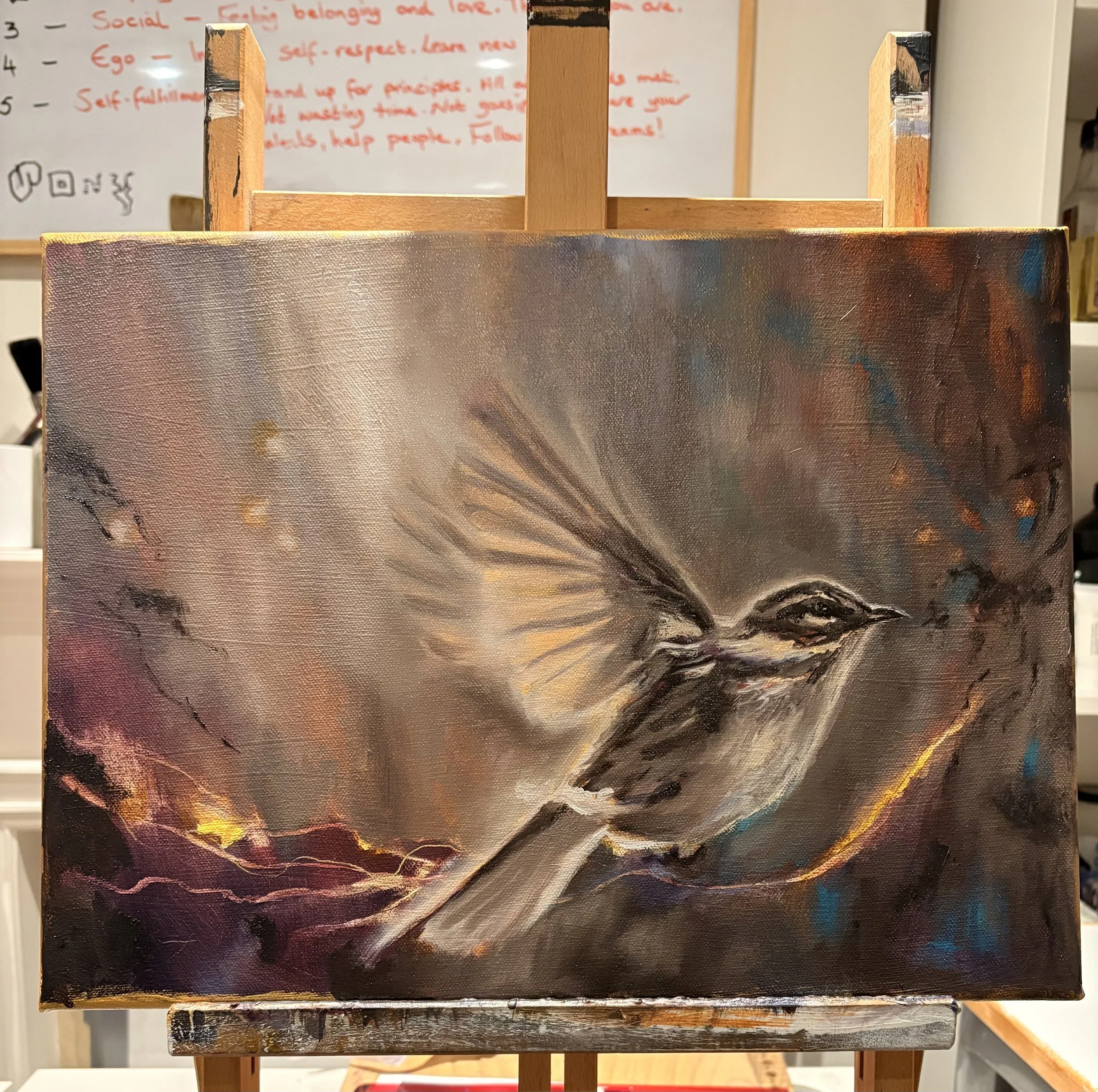 Painting of a bird with an open wing perched on a branch, with a colorful, abstract background.