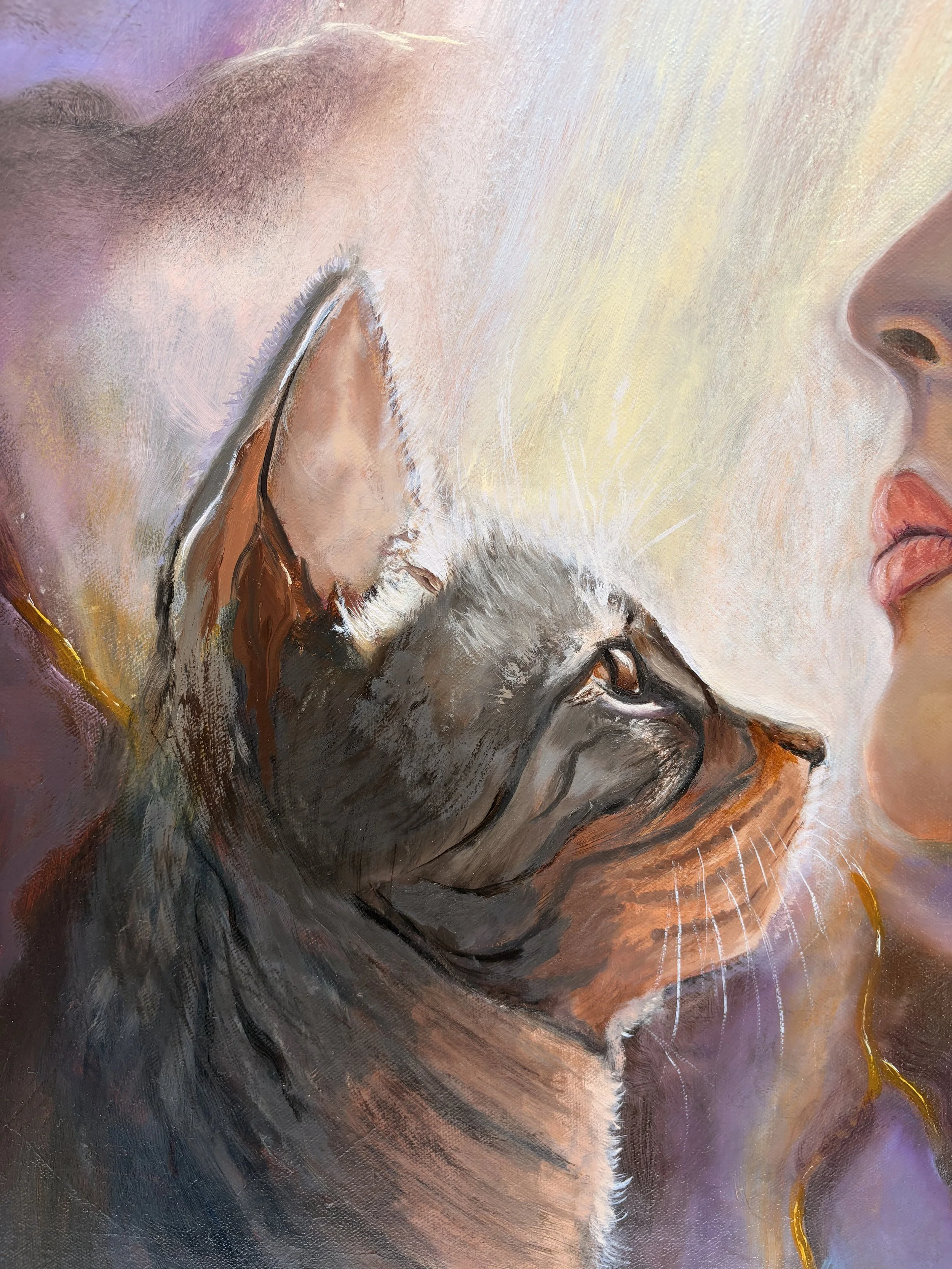 Detail of the cat inspired by Sparta in Debbie Moylan's painting The Softest Recognition.