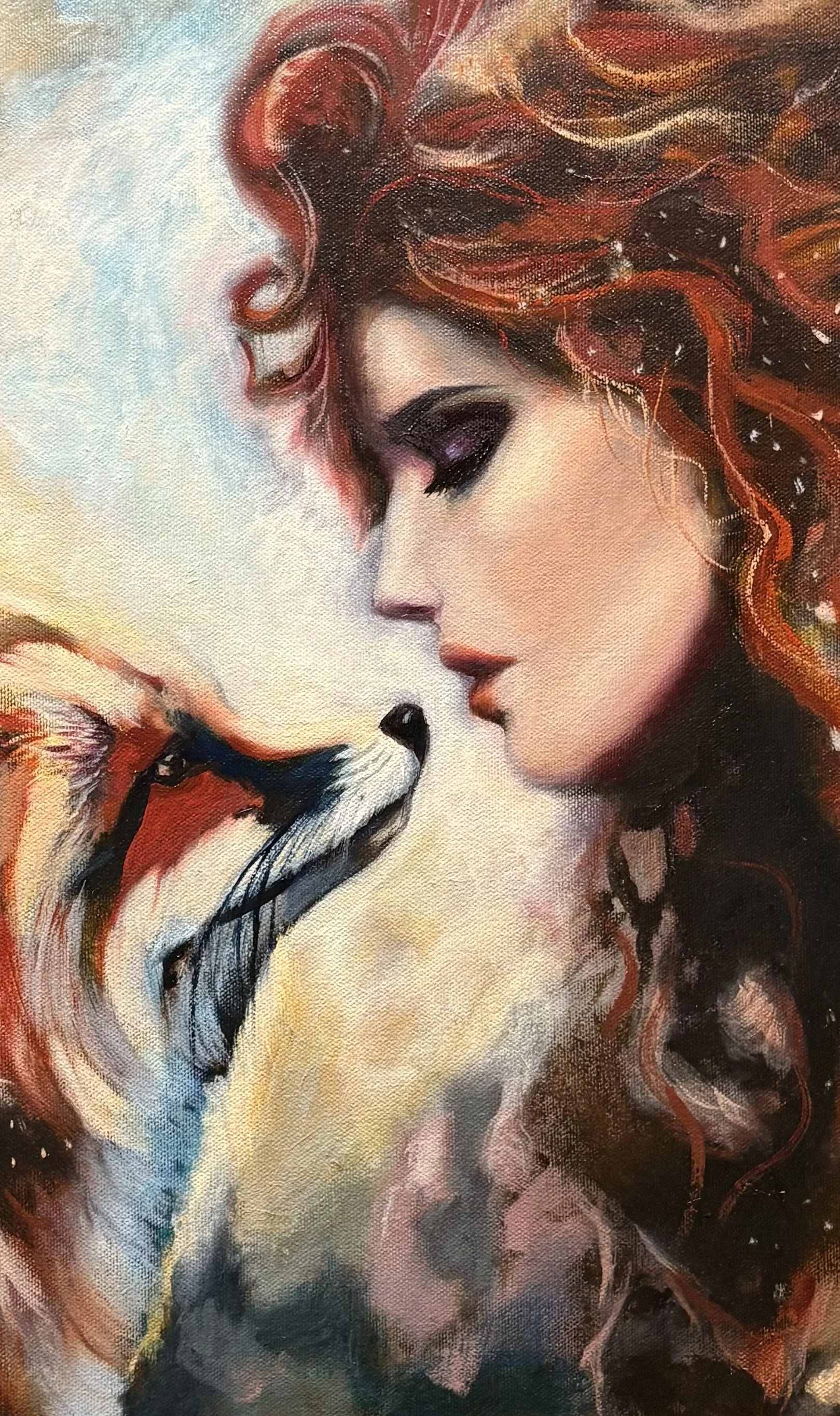 Oil painting of a fox and woman representing a spiritual moment of connection and presence