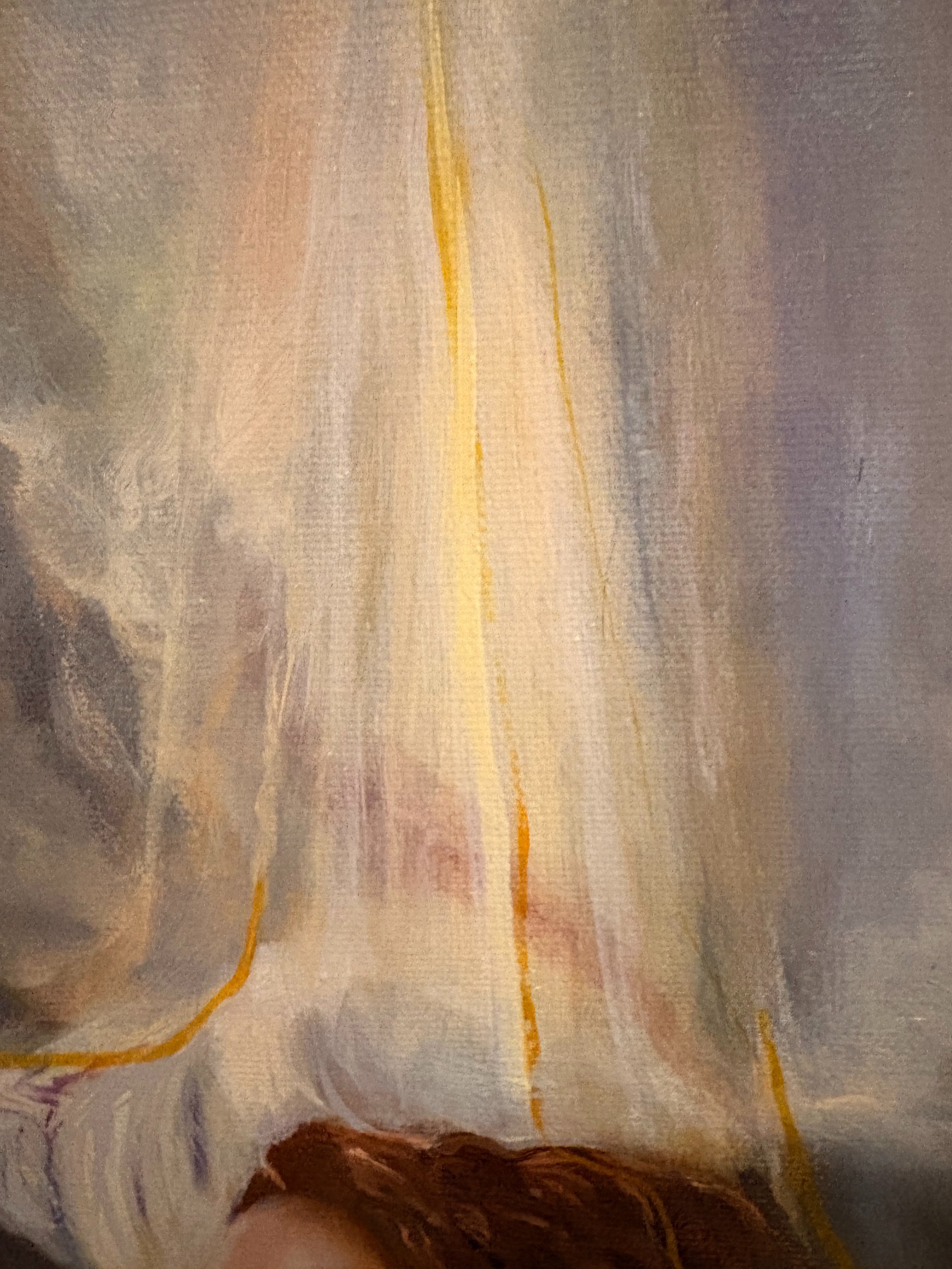 Oil painting detail of descending light and golden threads symbolising divine presence and connection