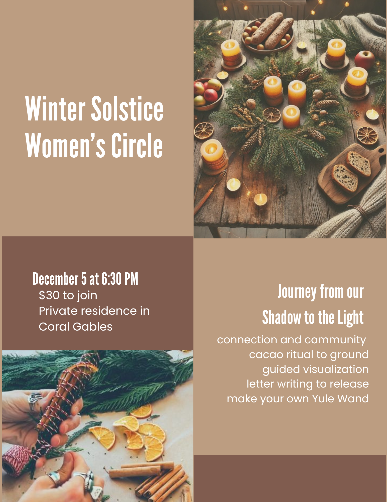 Flyer for Winter Solstice Women's Circle event, with a top photo of a festive table setting featuring candles, pinecones, apples, and sliced bread, and a bottom photo of hands wrapping dried orange slices with cinnamon sticks for crafting.