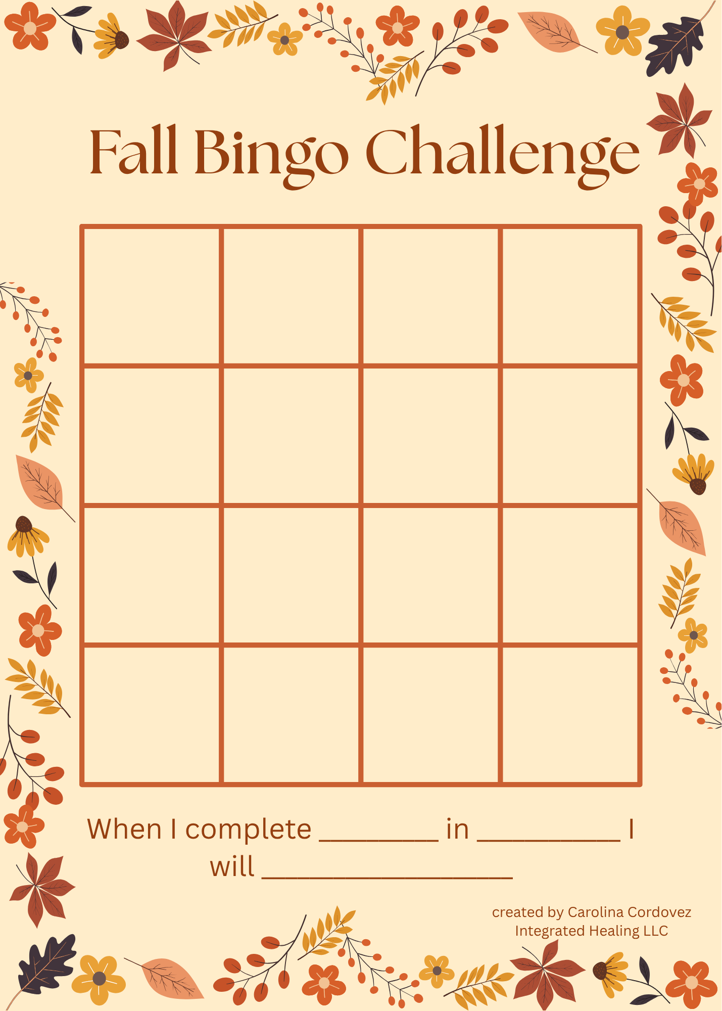 Fall Bingo Challenge Board