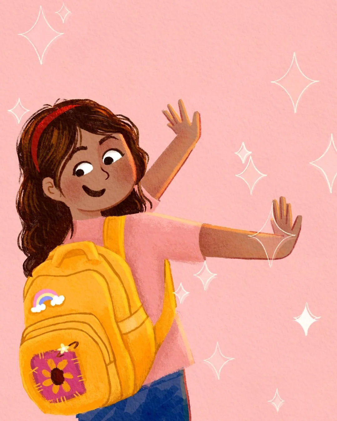 My favorite character is back! this time with a new backpack 🎒:) Practicing more expressions and poses! Swipe to see the sketches behind it. 

She is showing off her new backpack. Do you remember that feeling when we were kids? And how excited we we
