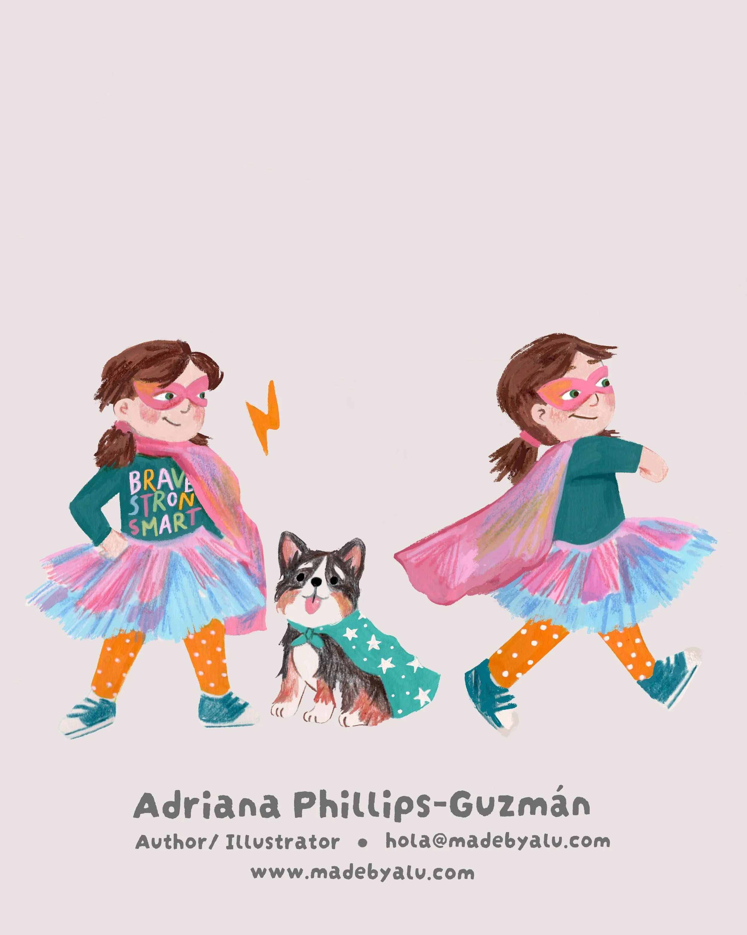 Happy #KidLitArtPostcard day!

When my 8yr old was little, she wore a superhero costume every single day. At home, at the park, sometimes even at dinner. Cape and all.

This one&rsquo;s for her, and for our puppy Luna, the real-life cape-wearing side