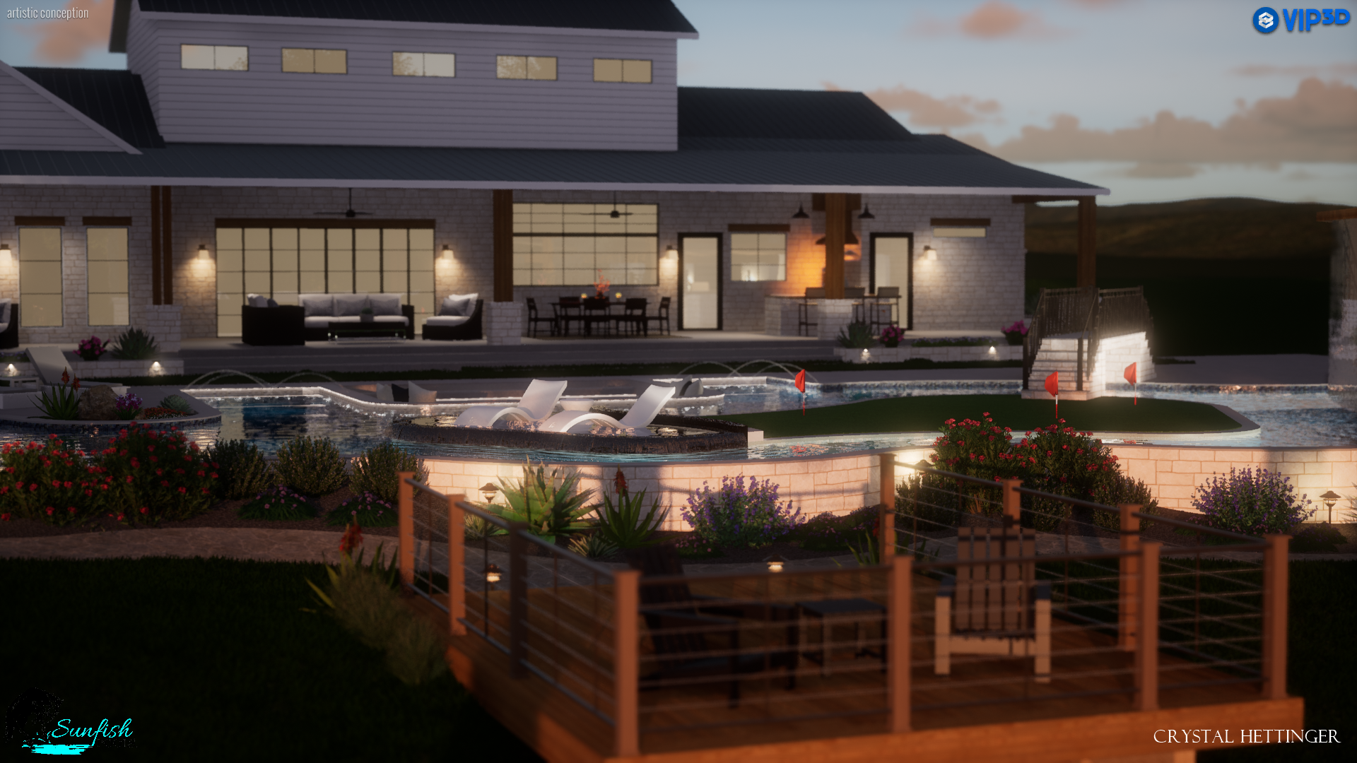 A modern house 3D rendering with a backyard featuring a swimming pool, lounge chairs, and outdoor seating, evening lighting with a sunset sky.