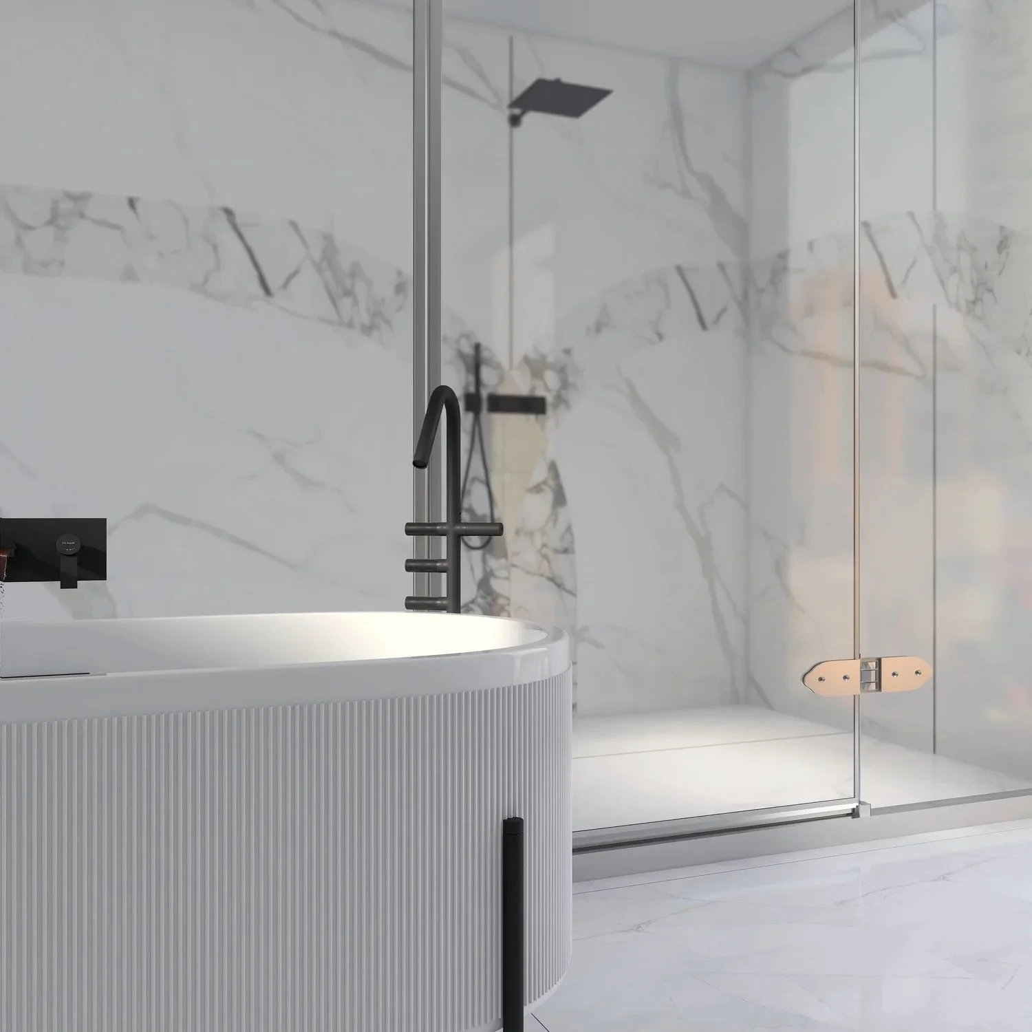 Ivory Living.

Marble with gray veining. A showerhead chosen for how it sounds, not just how it looks.

Proportions that make a small space feel considered rather than cramped.

Every detail in this bathroom was a decision. That&rsquo;s the Minima di