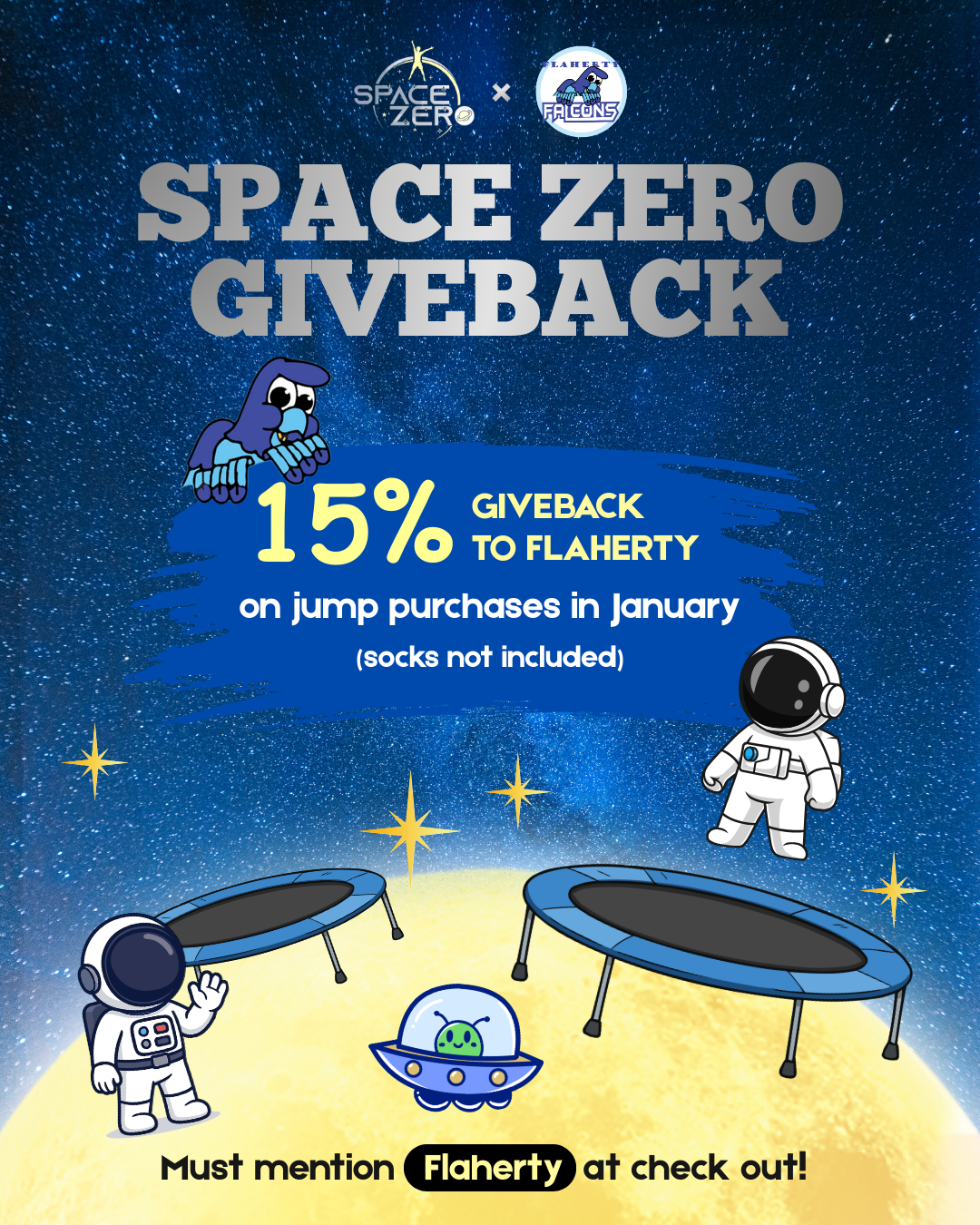 We're giving back 15% of jump purchases all of January! Make sure to mention Flaherty at check out. Jump Socks are not included.