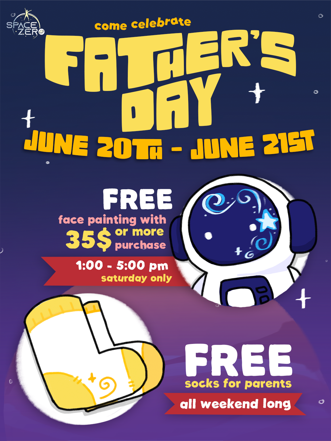 Celebrate Father's Day weekend with us! For Saturday only from 1pm - 5pm, spend $35+ and get FREE face painting. Parents get FREE jump socks all weekend long!