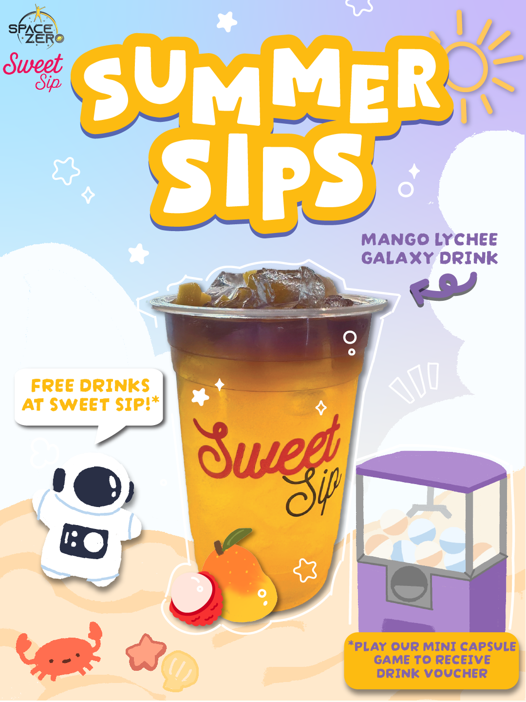 Win a Free Mango Lychee Galaxy Drink from our claw machine capsules! Limited Time
