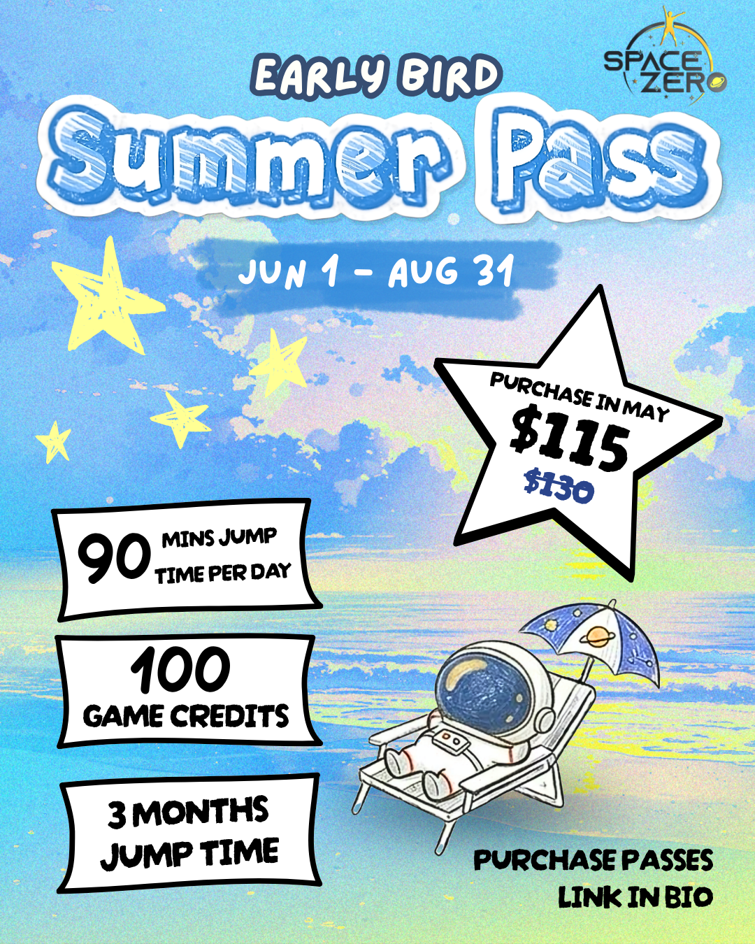Early Bird Summer Pass is HERE!! For only $115, sign up for 3 months of unlimited jump and 100 credits!