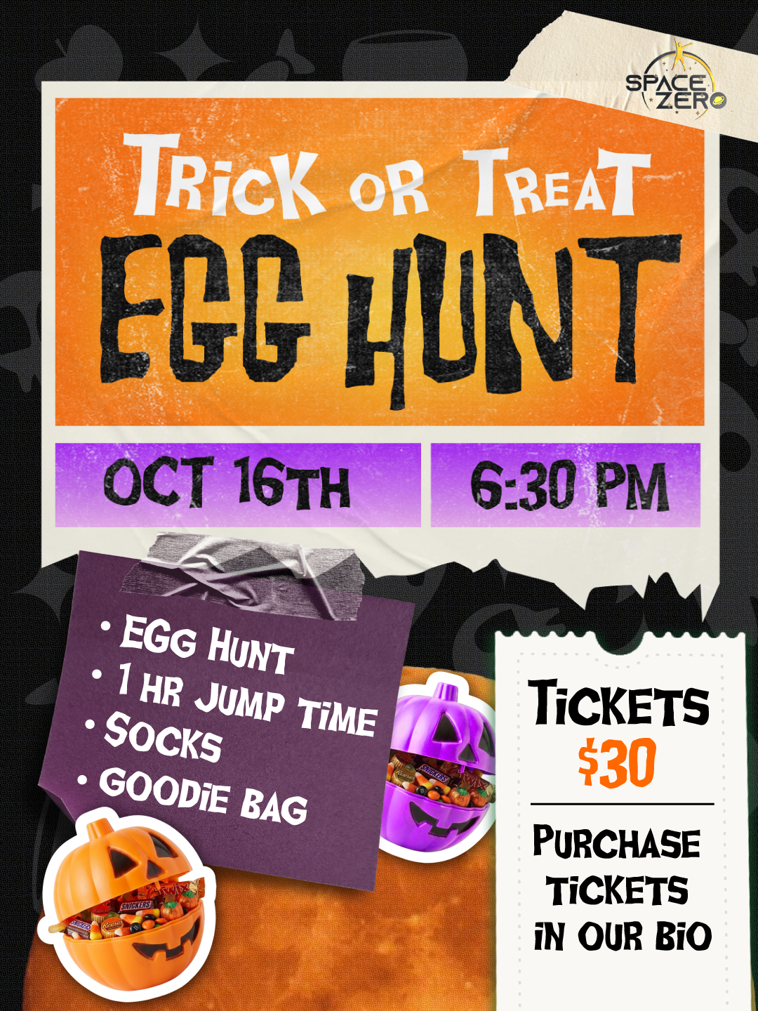 Come join us on October 16th for a fun spooky egg hunt at 6:30pm. Get your tickets now!