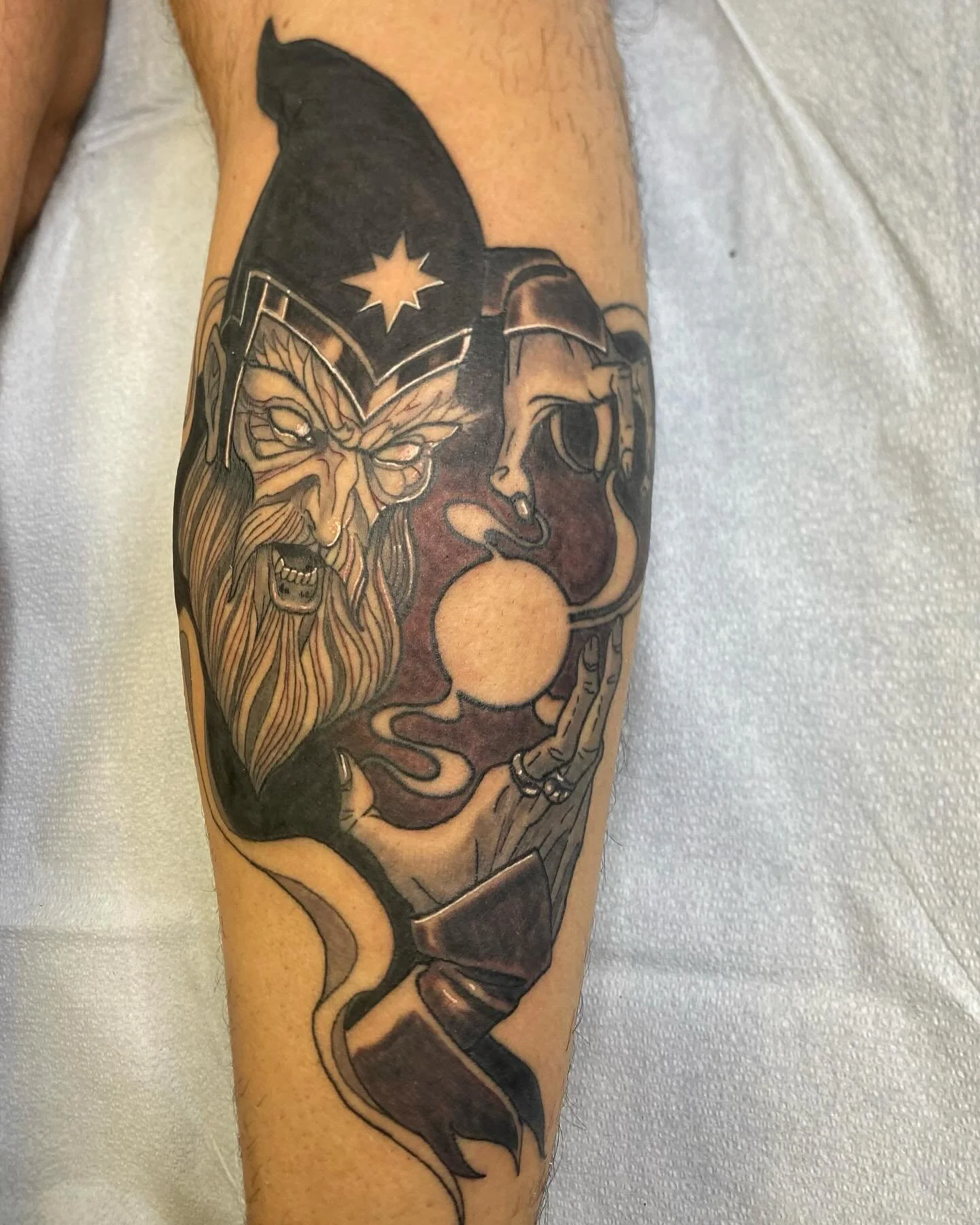 A dark wizard for Tim who brings me projects bursting with maximum radness every time. Half healed, half fresh in this photo. I loved making this tattoo and I can&rsquo;t wait to see it settled.