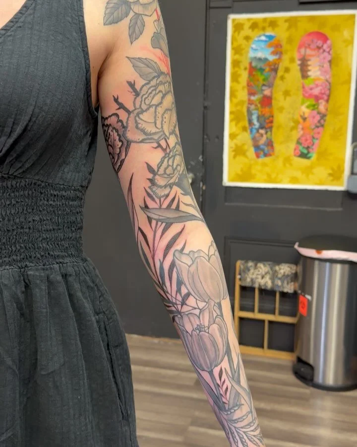 This floral sleeve is coming right along! It&rsquo;s been an absolute treat to develop this one with a great client. Thanks Bianca! One more session ought to do. Would love to do more work in this style/scale.