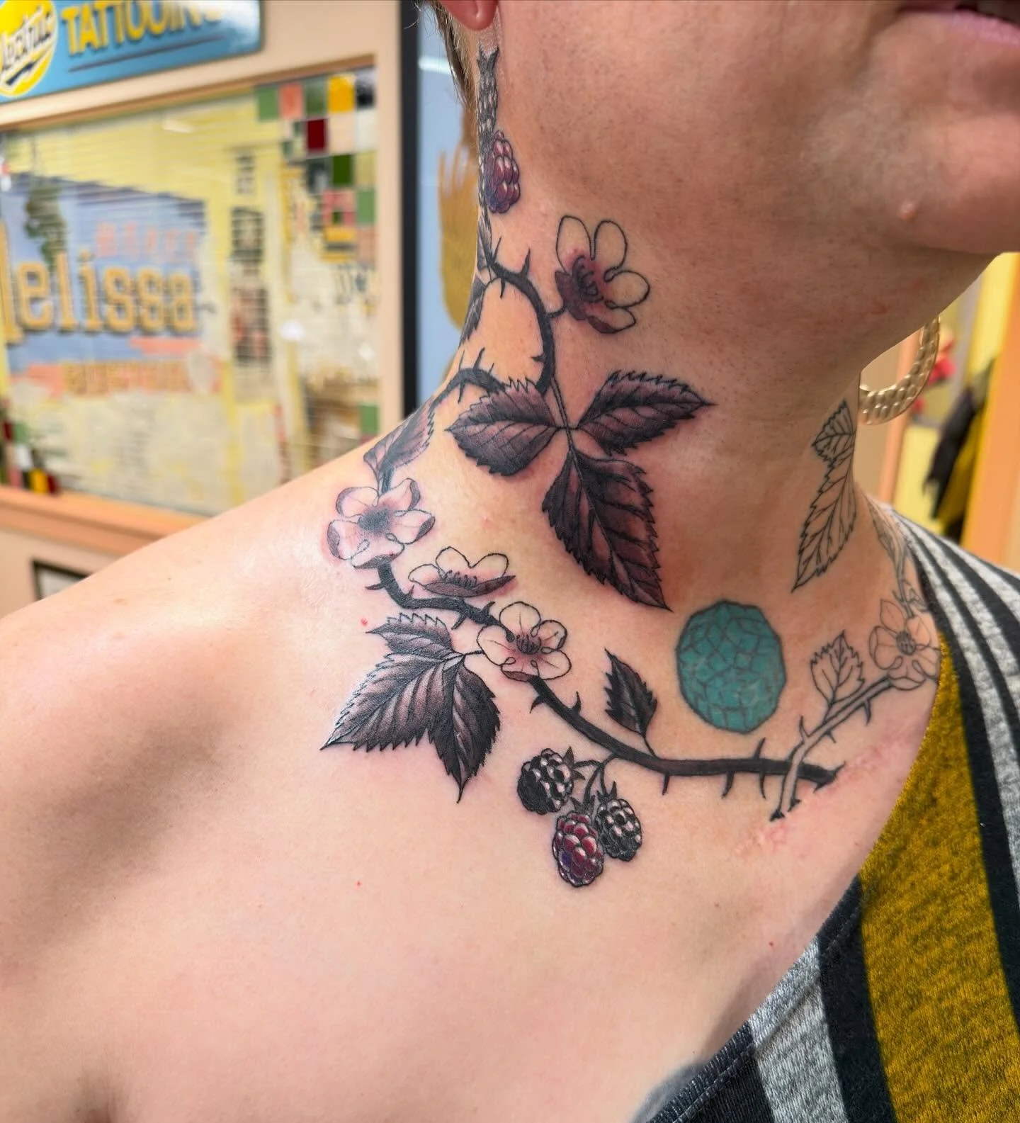 I&rsquo;m loving the flow of this blackberry vine emerging from an old scar on one of my favorite people. Can&rsquo;t wait to finish the other side! HMU for something custom made for your body.