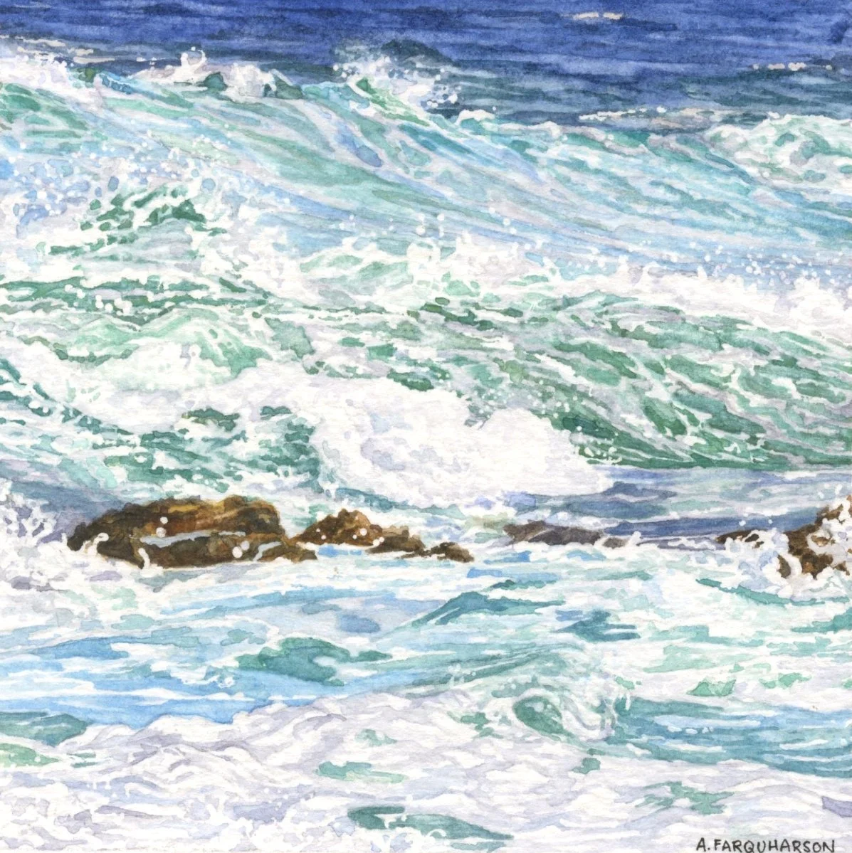 Aqua Waves on California Coast Original Mini Watercolour Painting
