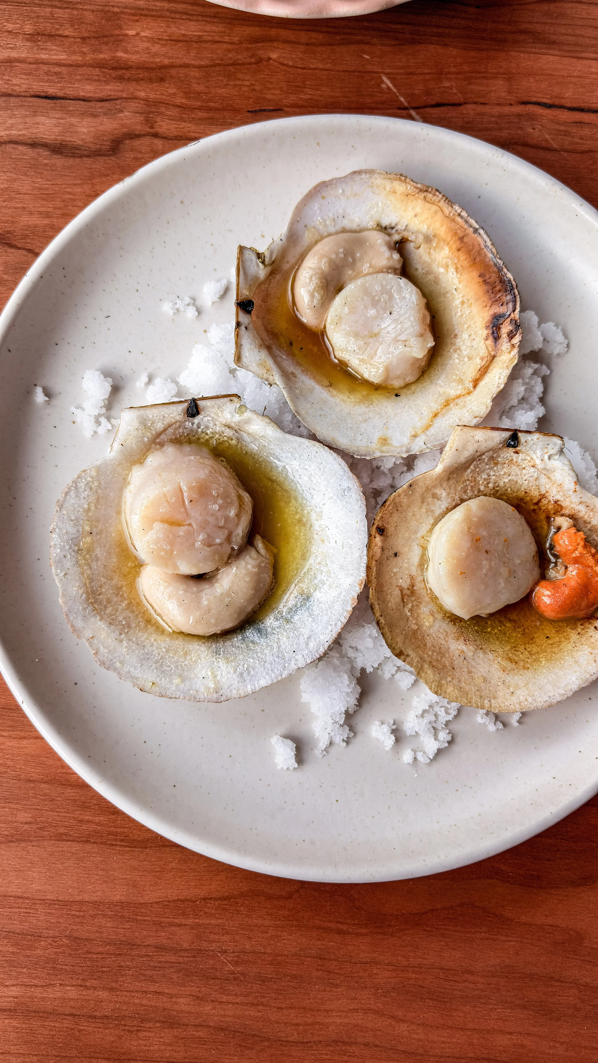 Three scallops on a white plate with salt and ice, served with a sauce and garnished with orange roe.