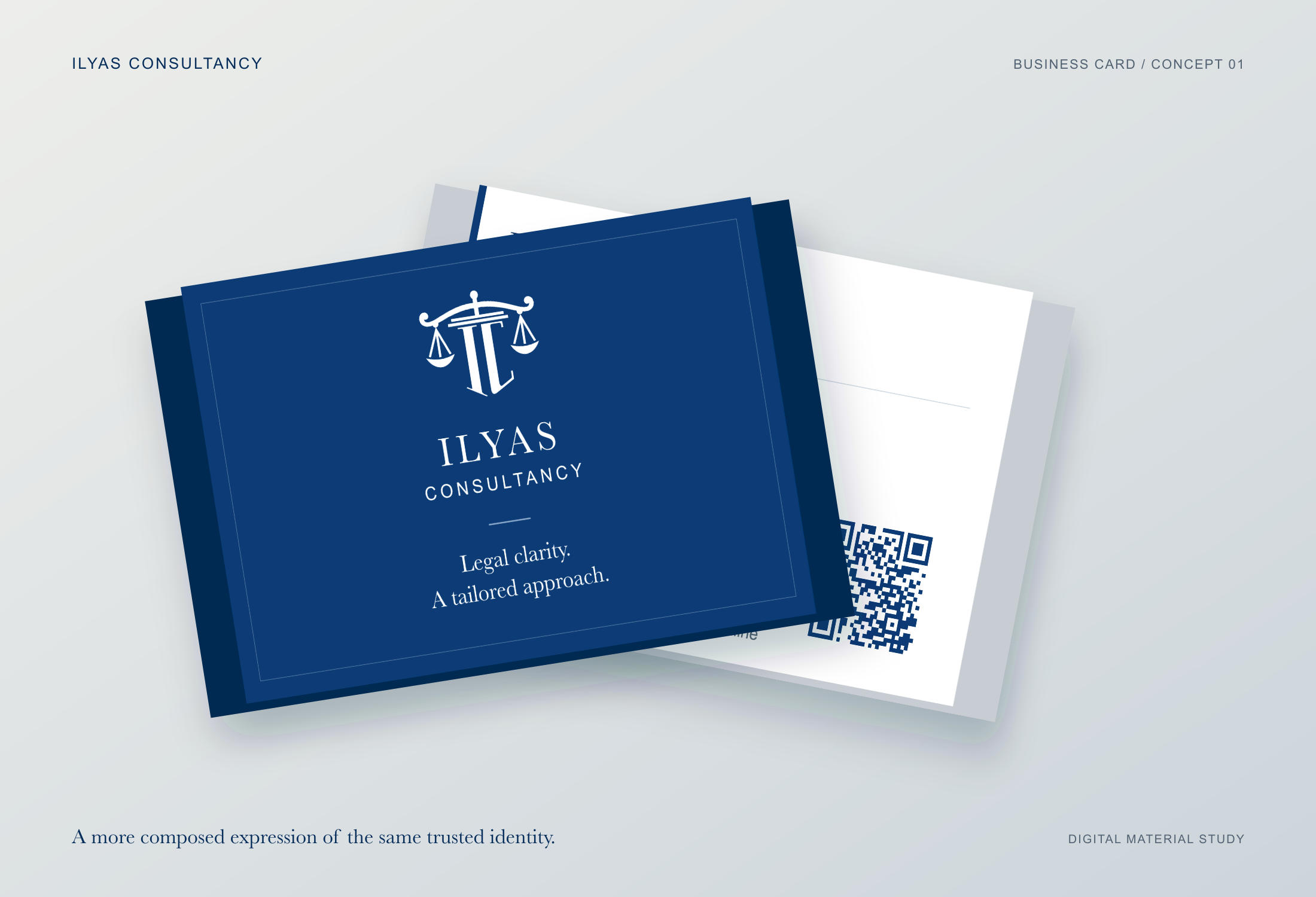Digital mockup of a navy Ilyas Consultancy business card with a white contact card behind it.