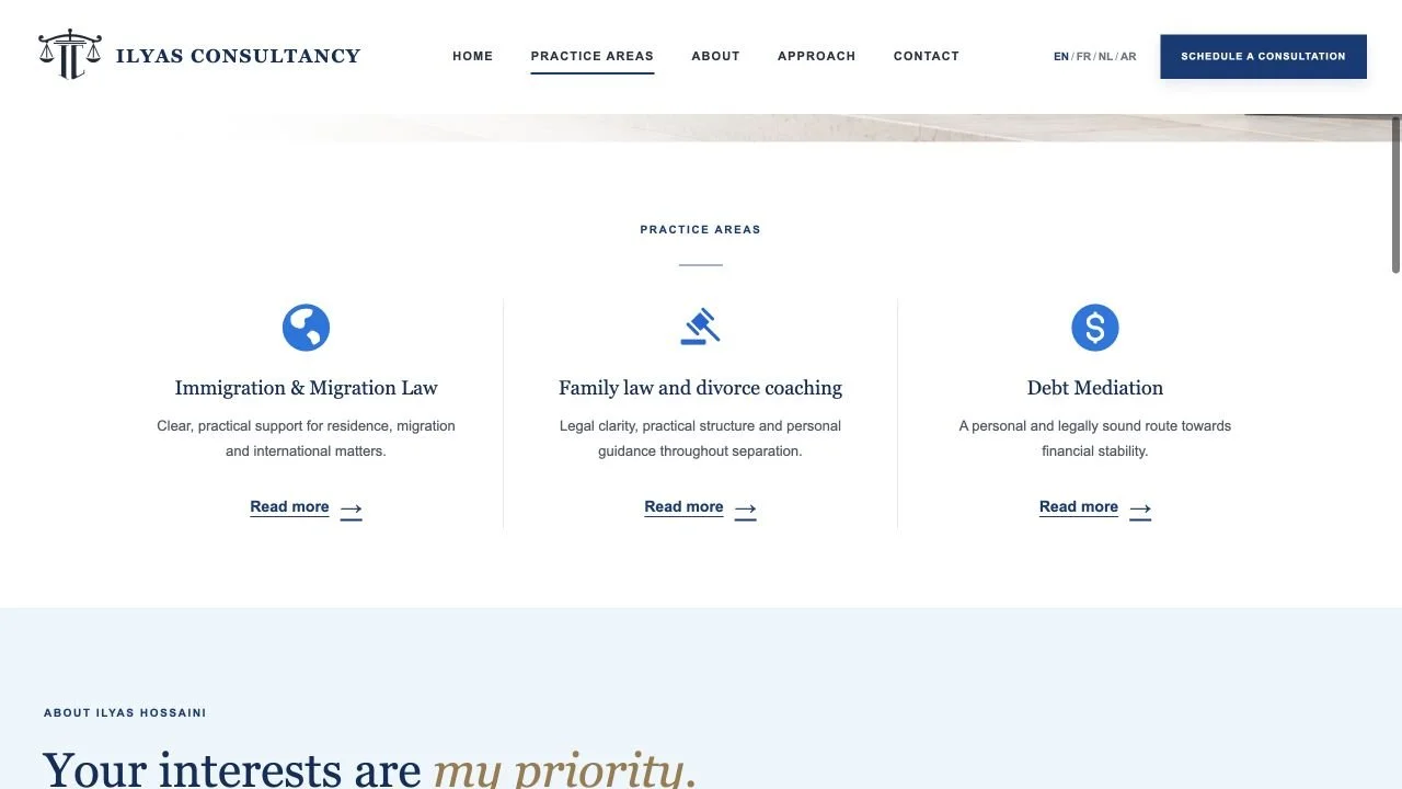 Live Ilyas Consultancy practice-area cards for immigration, family law and divorce coaching, and debt mediation.