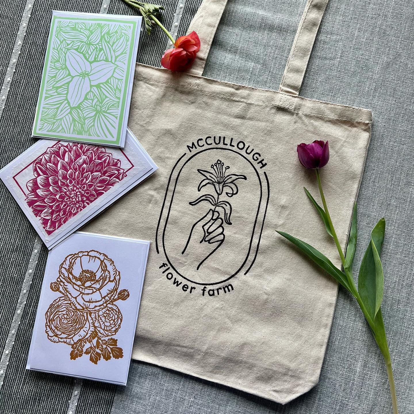 Very excited to introduce McCullough Flower Farm logo tote bags! The totes are hand printed by @stardogcreations  using the linocut printing technique (check out her page for all her magical creations and glimpses into her process). 

A limited numbe