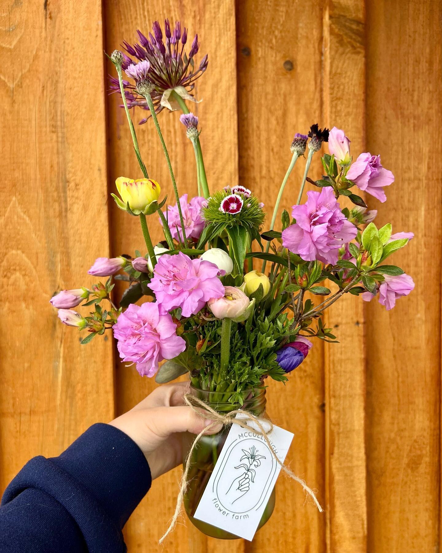 Early summer in a jar: lush azaleas &amp; the first cutting of Sweet William, ranunculus &amp; anemones, bachelor buttons &amp; allium. Everyone who placed an order this weekend gets to enjoy a flush of azaleas. Enjoy them - they are perfect for cutt