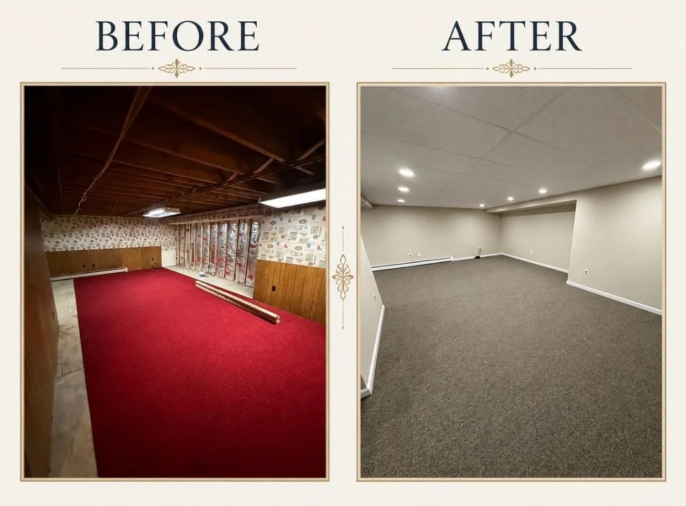 Basement Transformation

Before and after of some basements we recently finished remodeling.

✅ New suspended ceiling
✅ Recessed lighting
✅ Fresh walls and trim
✅ Carpet installed
✅ Clean, comfortable finished space

It&rsquo;s always rewarding to ta