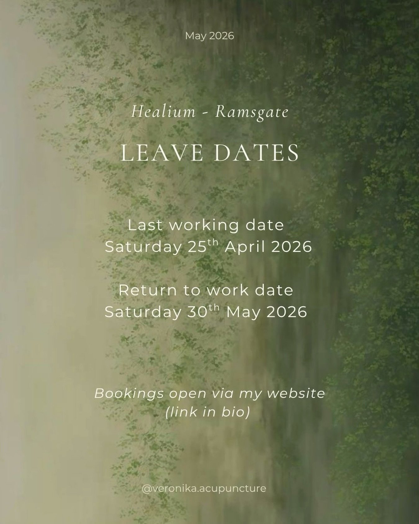 May leave dates 🌟 I am going overseas to visit family for a few weeks in May! I will be checking my emails every so often to answer any questions or fill any herbal scripts. I have a few appointments left this month if you want to schedule in a sess