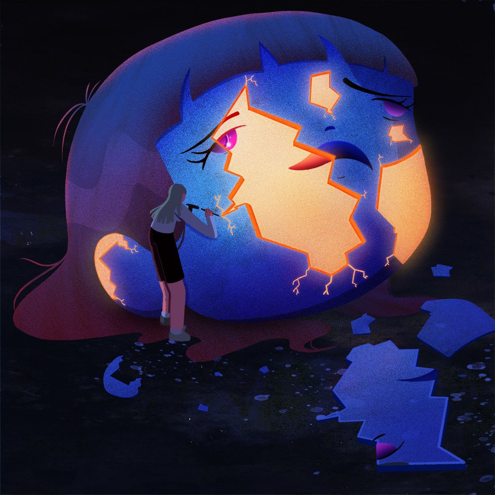 Editorial illustration of a woman confronting a fractured glowing head, representing transformation and identity change.