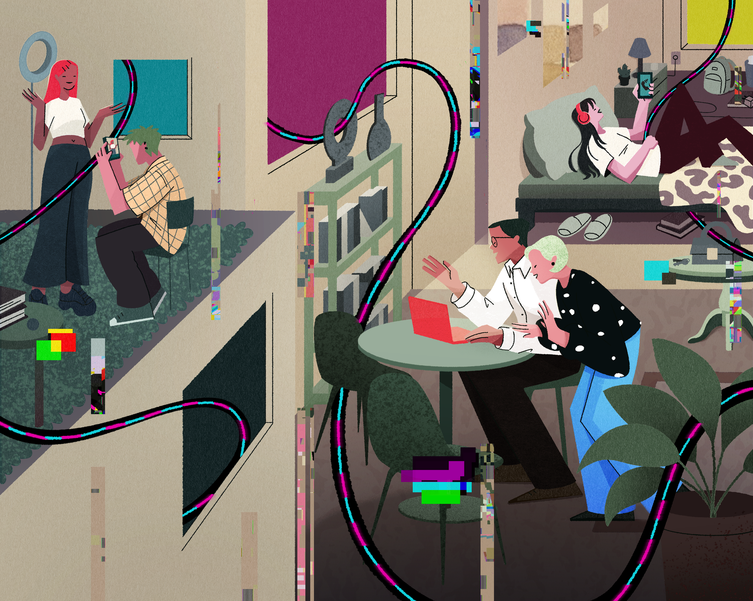 People in separate indoor spaces connected by cables and digital signals, interacting through phones and laptops, with subtle glitch elements representing fragmented digital communication.