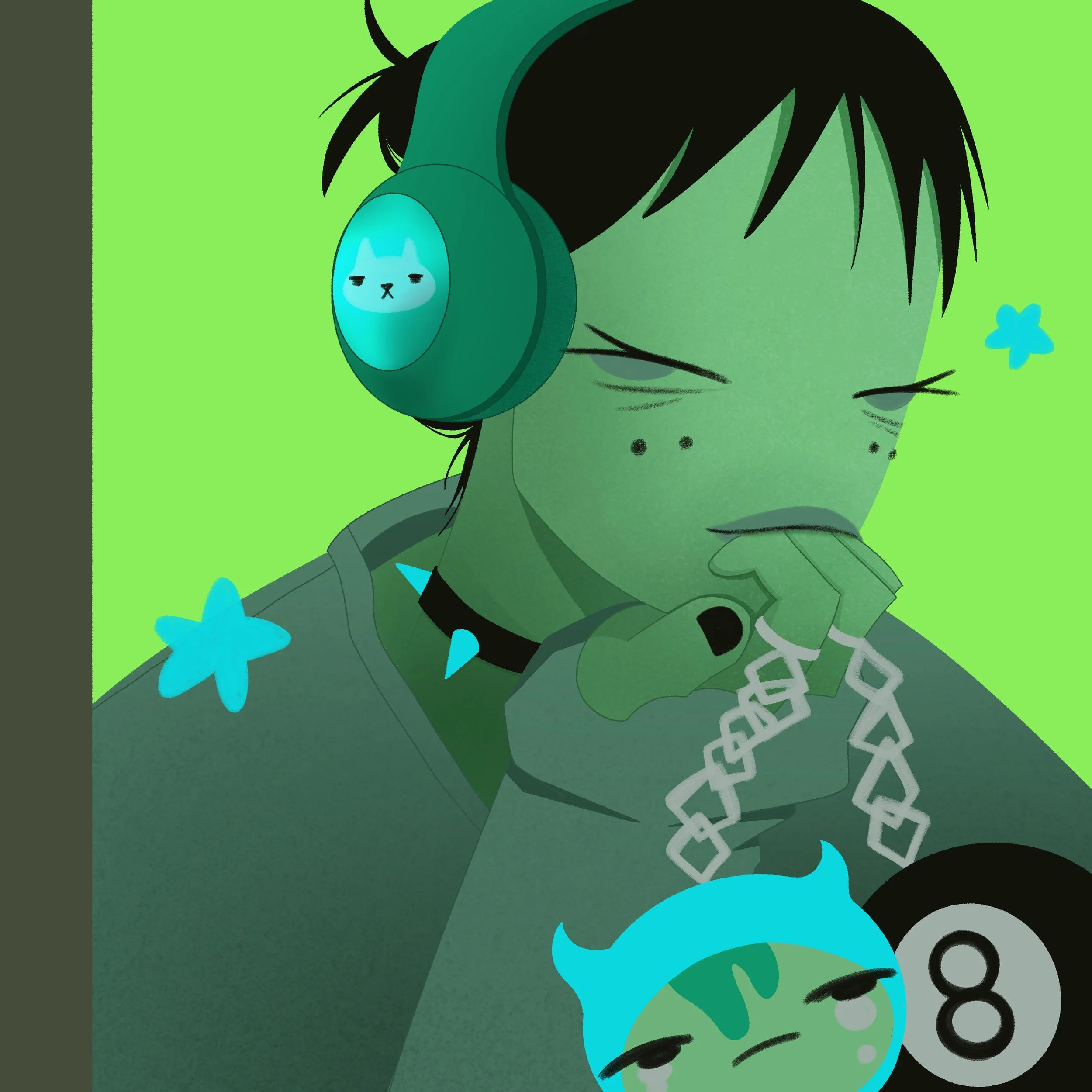 Editorial portrait of a person wearing headphones, holding a broken chain, suggesting emotional tension and introspection.