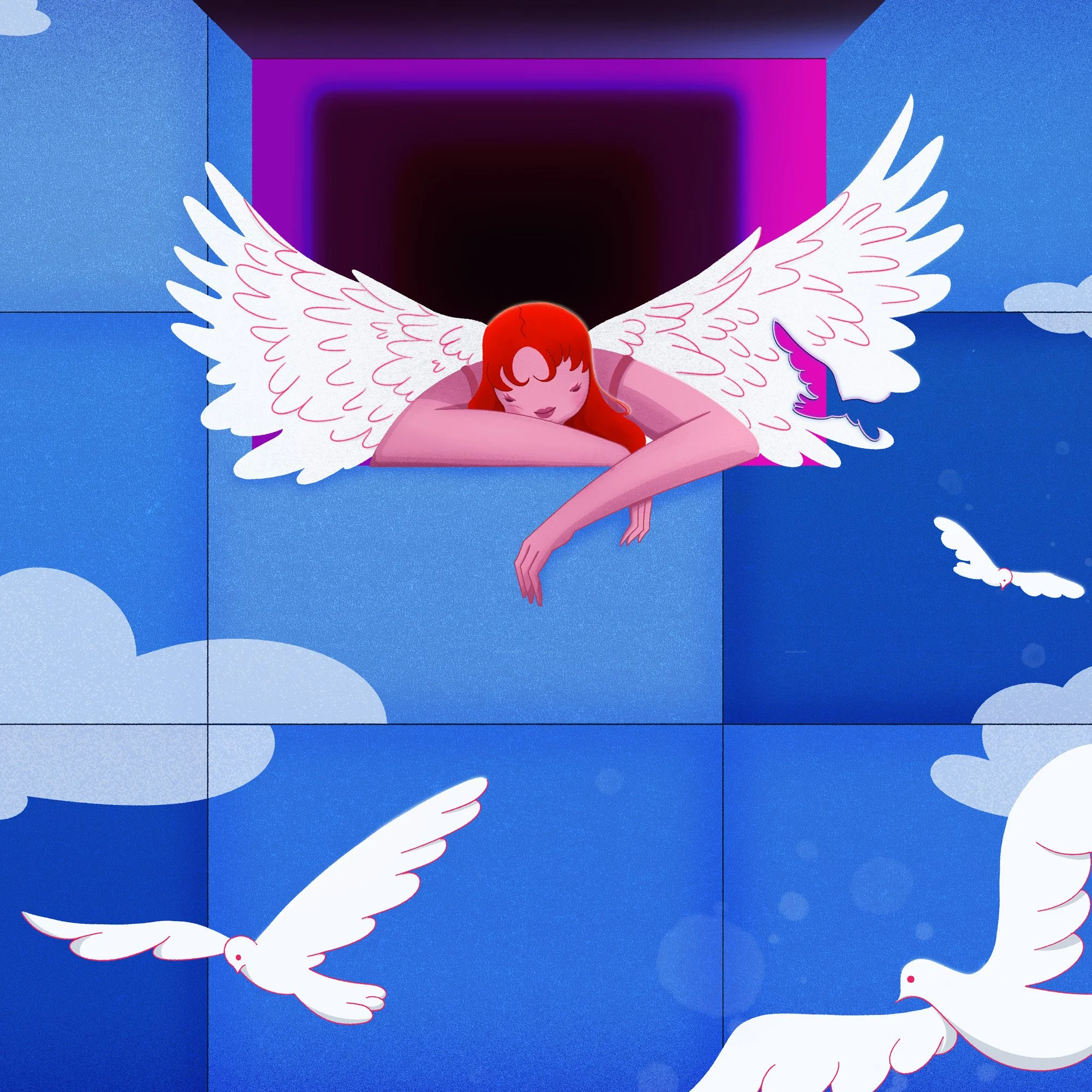 Editorial illustration of a winged woman resting on a window ledge, surrounded by clouds and a glowing sky opening, conveying a quiet, dreamlike message.