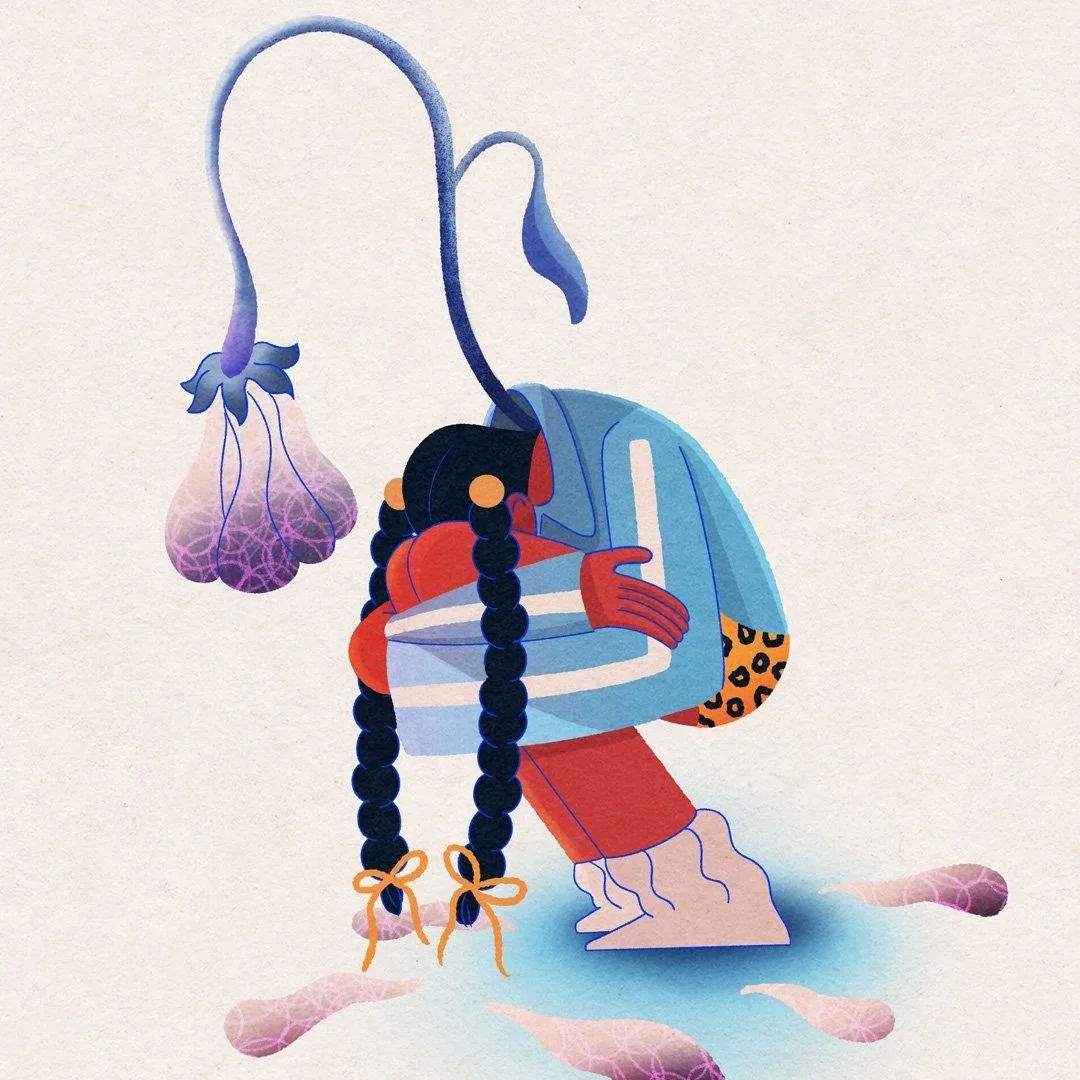 Illustration of a woman crouching under the weight of a wilting flower, symbolizing anxiety, fragility, and emotional burden.