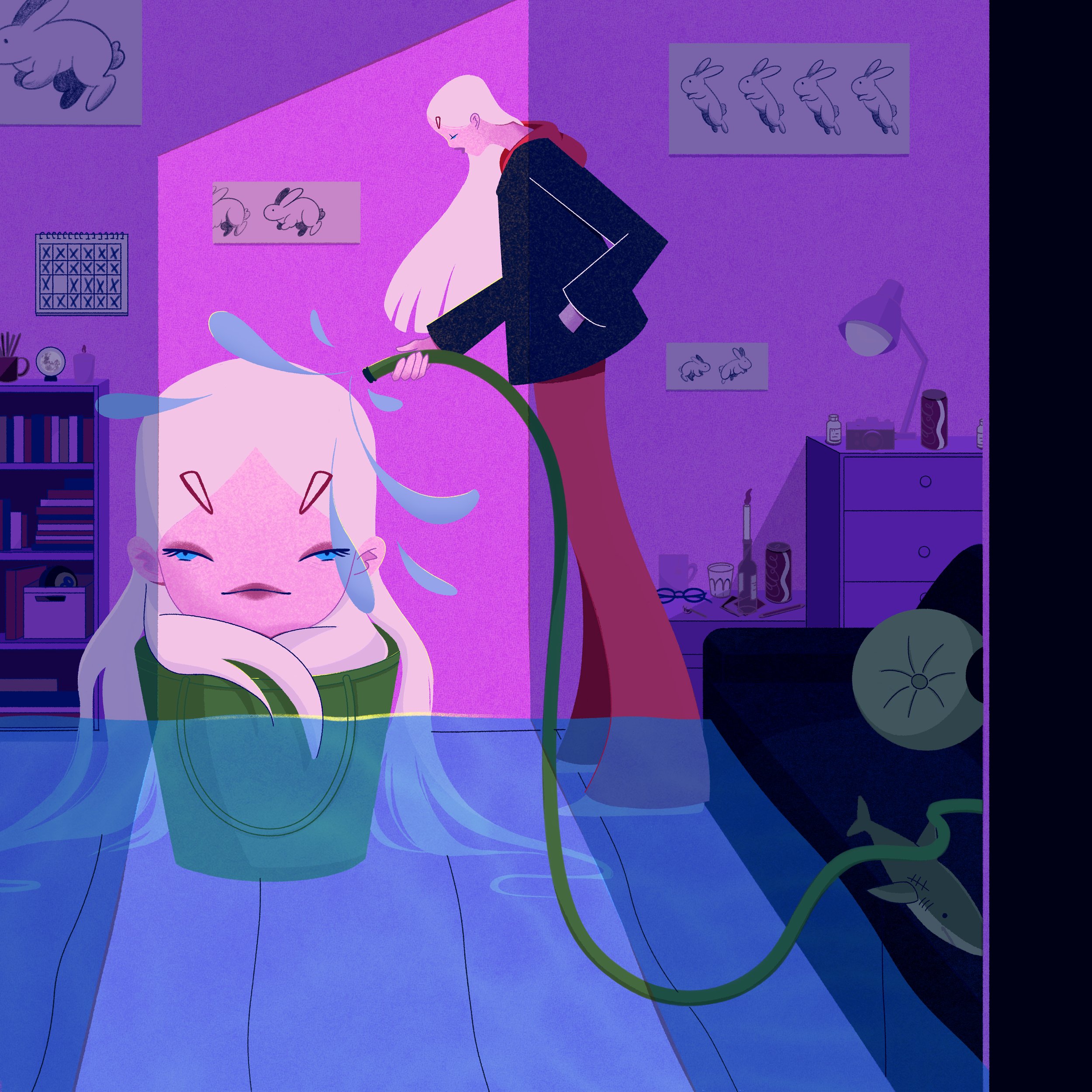 Surreal editorial illustration of a woman watering her own head, symbolizing grief, emotional exhaustion, and resilience, in a quiet interior scene.