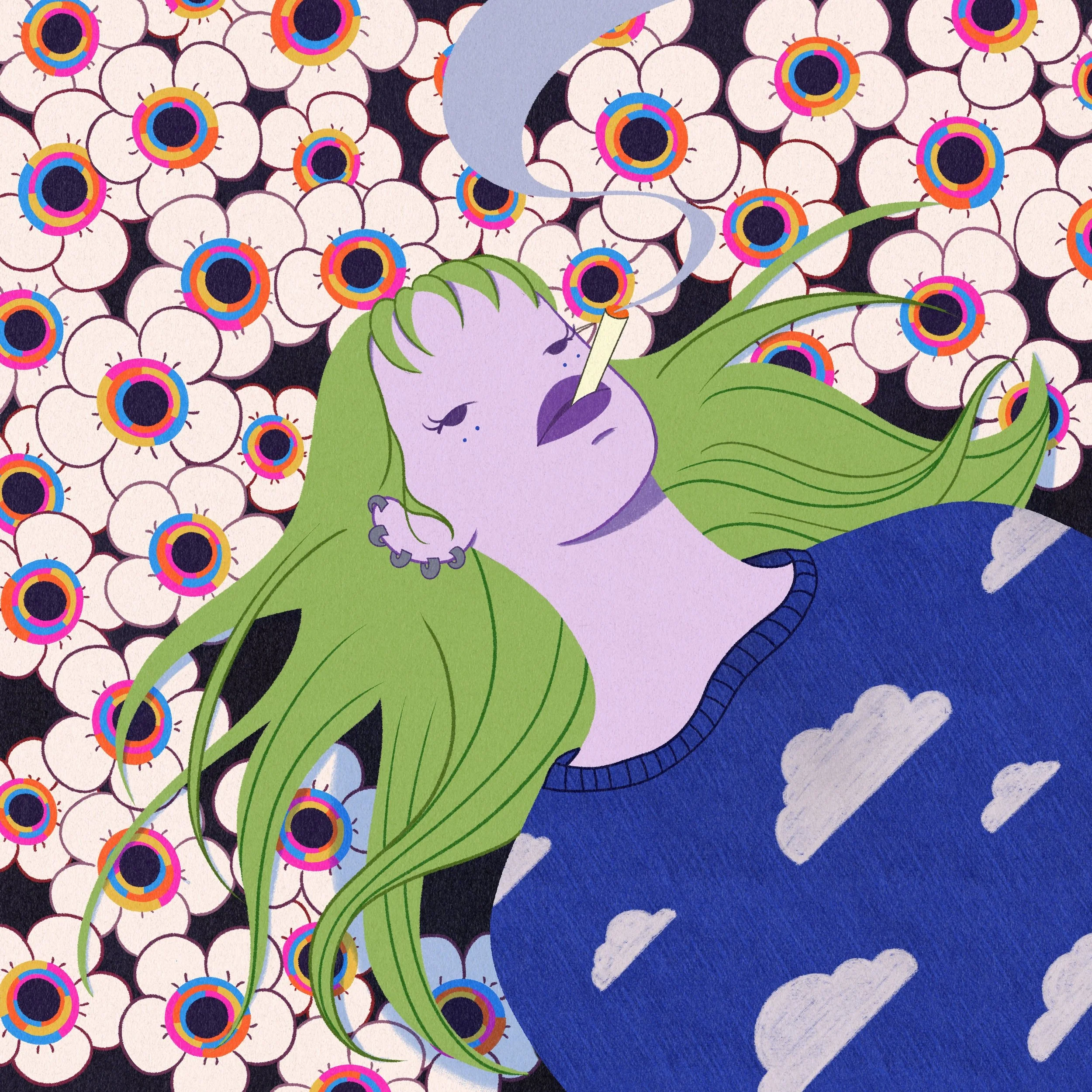 Editorial portrait of a woman with green hair lying down and smoking a cigarette, surrounded by a patterned background of flowers with eye-like centers.