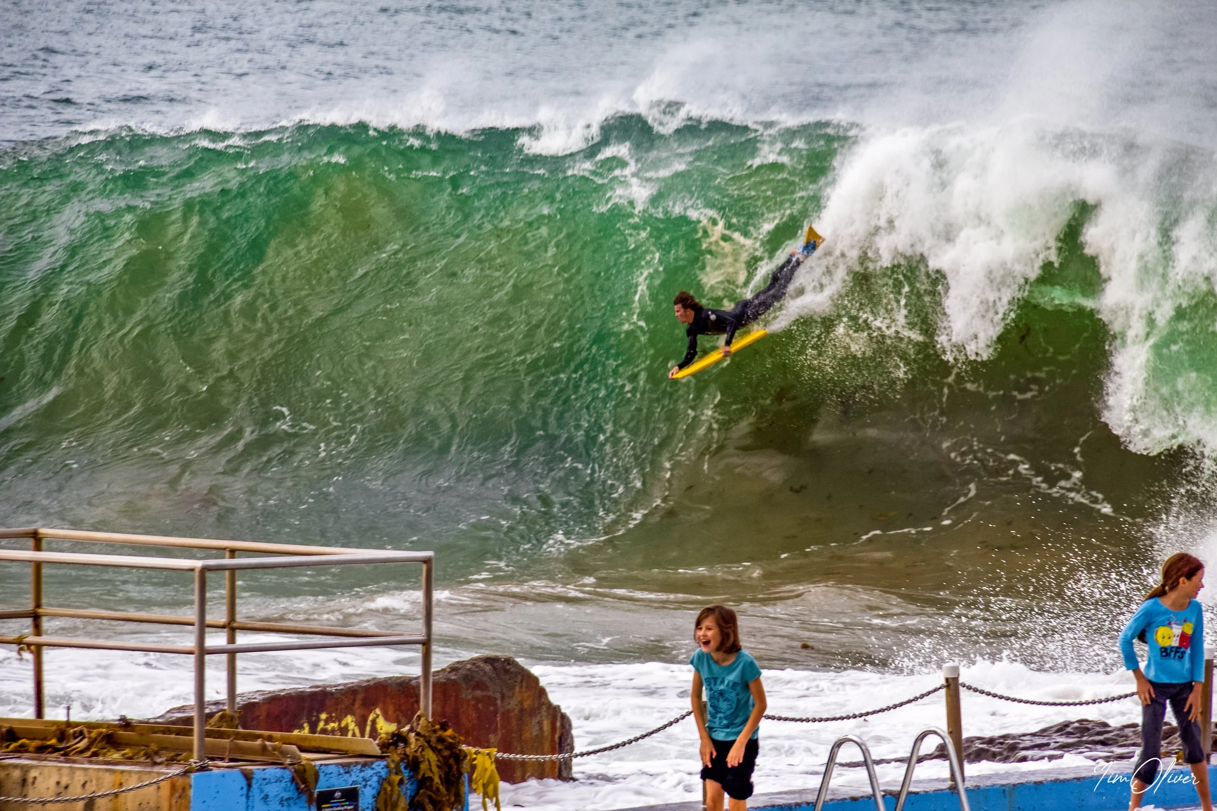 Big drop of a bodyboarder at Dee Why point in Sydney